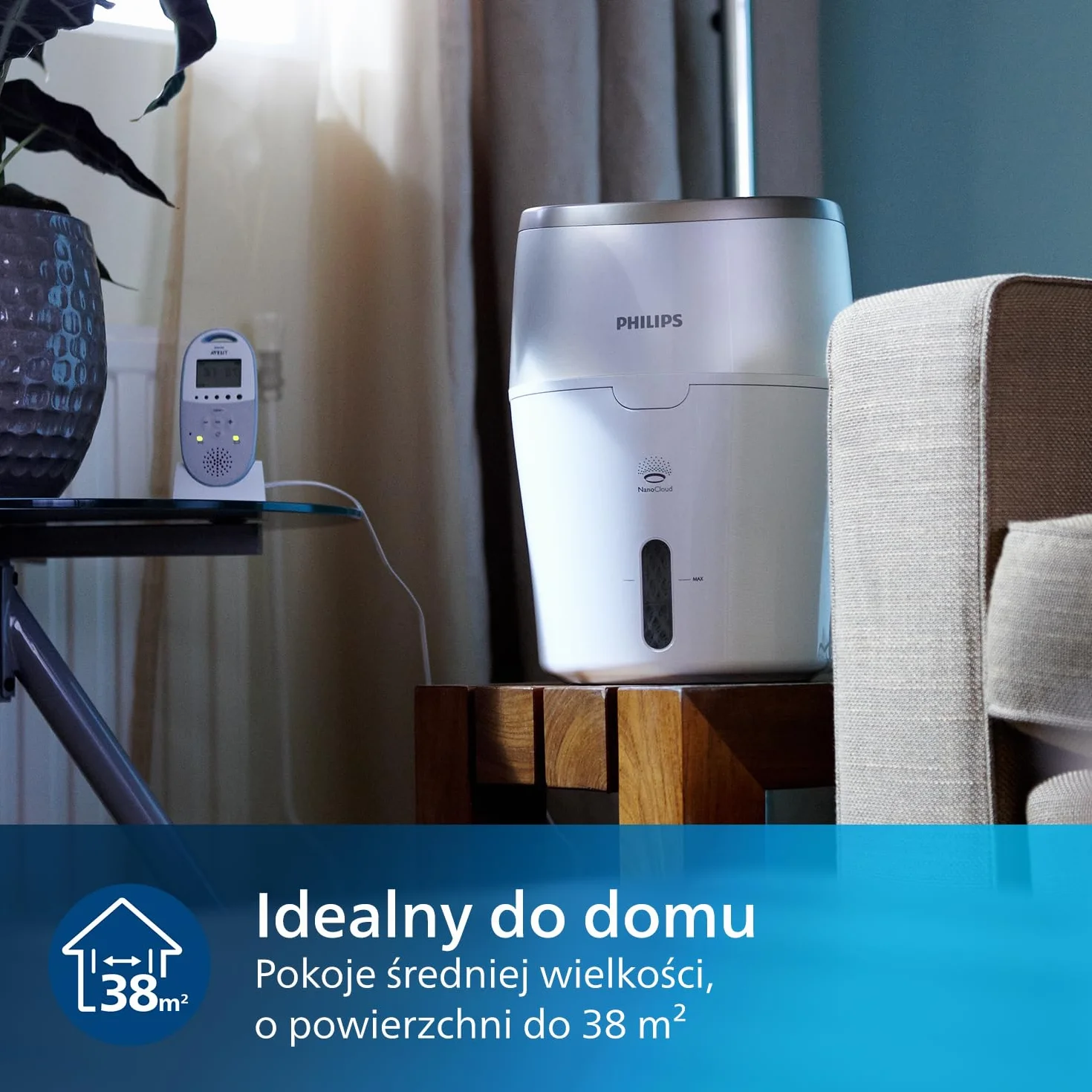 Philips Nawilżacz Powietrza Serii 2000, Nawilża Pomieszczenia do 38 m², Technologia NanoCloud, 2 Prędkości, 2l zbiornik na wodę, cichy, kolor biało/kremowy (HU4811/10)
