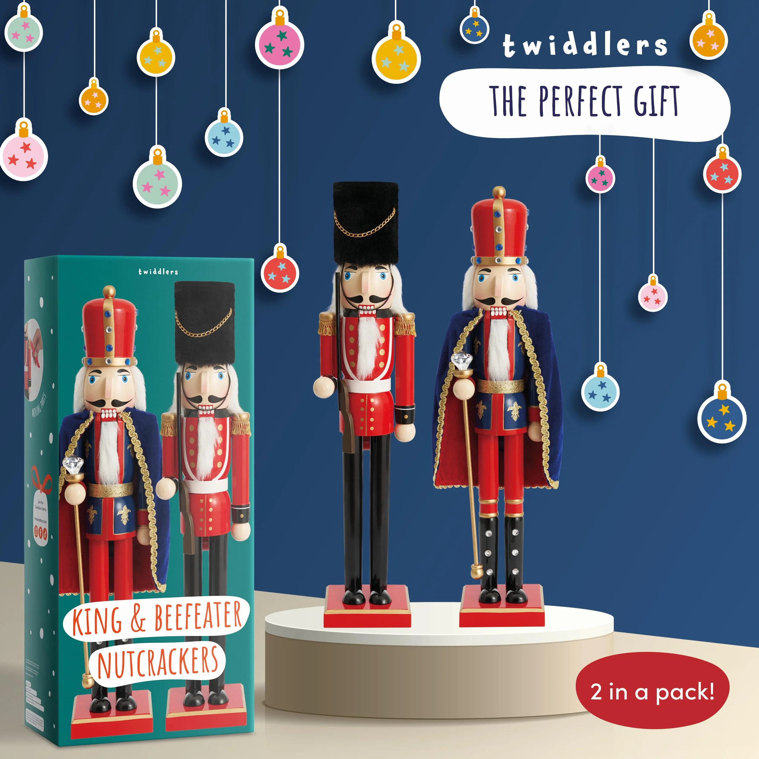 THE TWIDDLERS - 2 x żołnierzyki drewniane dziadek do orzechów, 50 cm - Król i podajnik w świątecznych kolorach - Tradycyjne ręcznie robione ozdoby z drewna sosnowego, ozdoby świąteczne z ruchomymi