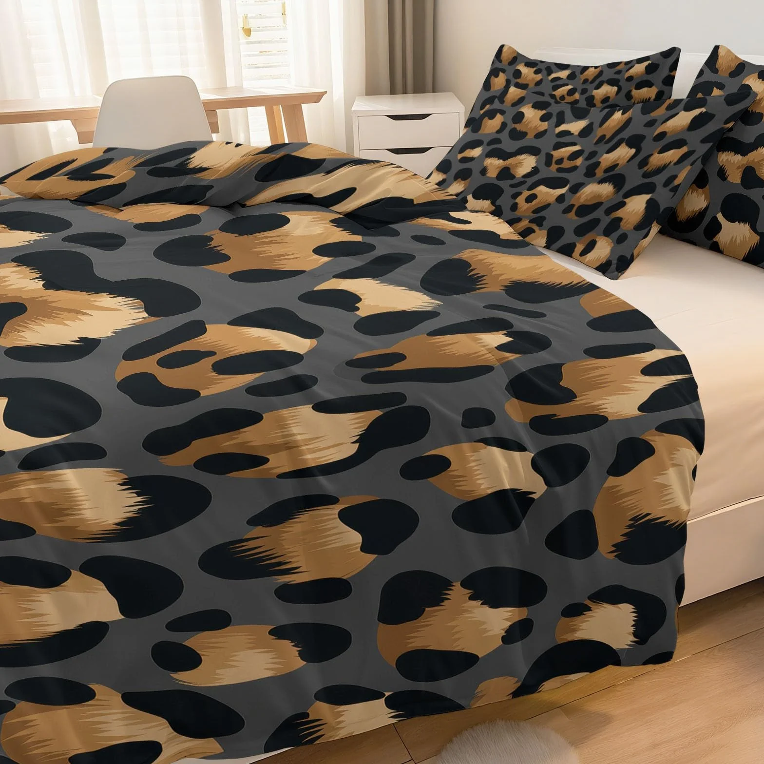 Nowoczesny, minimalistyczny styl, wzór panterki, zestaw pościeli – 240 x 220 cm, szara poszewka na kołdrę z mikrofibry, dla alergików, dwustronna pościel z ukrytym zamkiem błyskawicznym