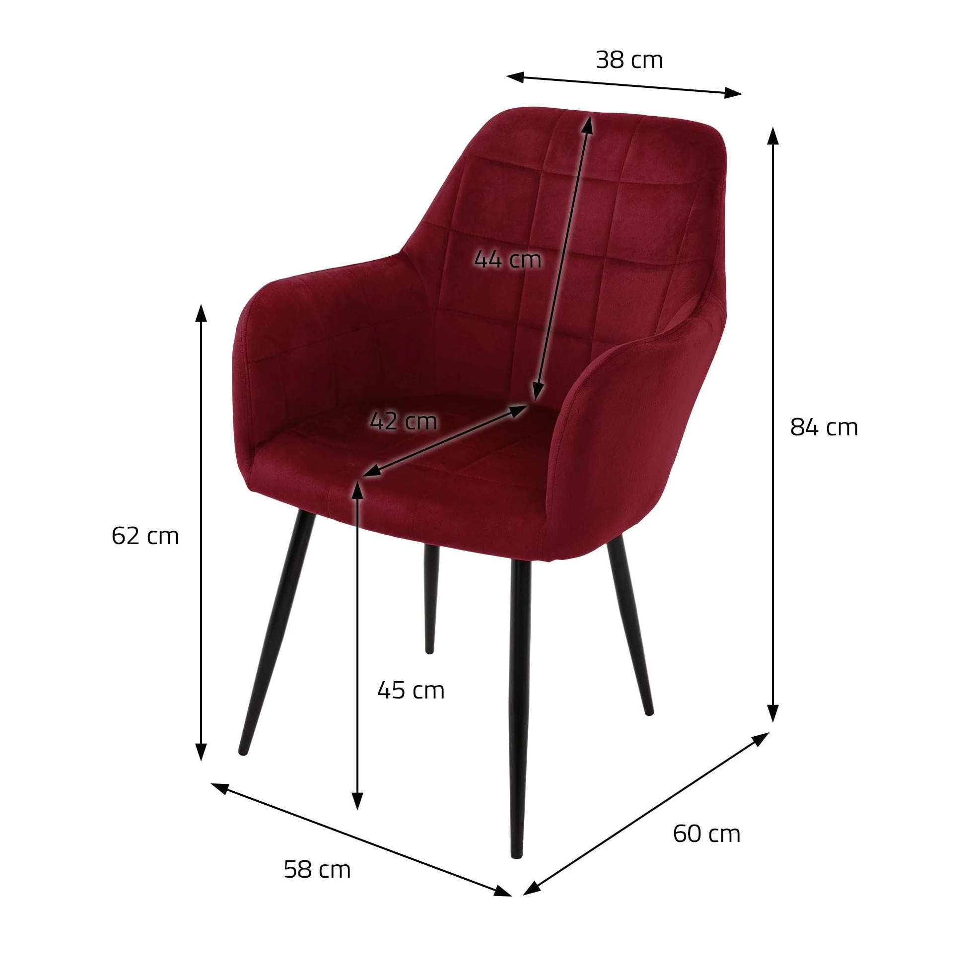 ECD Germany Zestaw 2 krzesel do jadalni Krzeslo do jadalni z oparciem i podlokietnikami Bordeaux Velvet Seat Metalowe nogi Krzesla kuchenne Krzesla do salonu Krzesla tapicerowane Krzesla Fotele