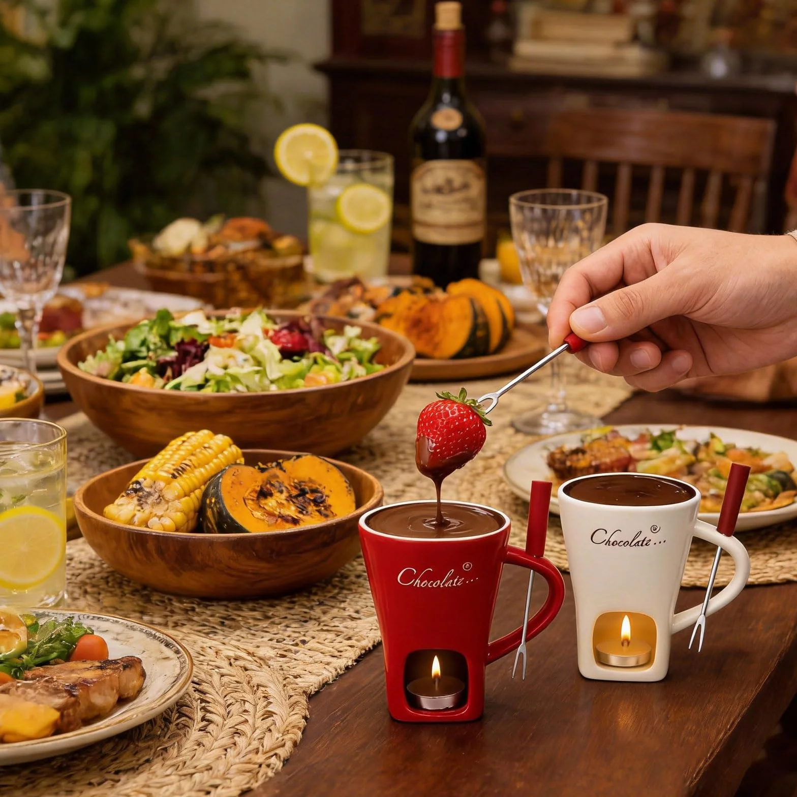 2 szt. czekoladowe fondue kubek ceramiczny 130 ml, czekoladowe fondue kubek z uchwytem na podgrzewacze, widelce, czekoladowe fondue, zestaw do fondue, czekolady, fondue, czekolady, fondue, zestaw do