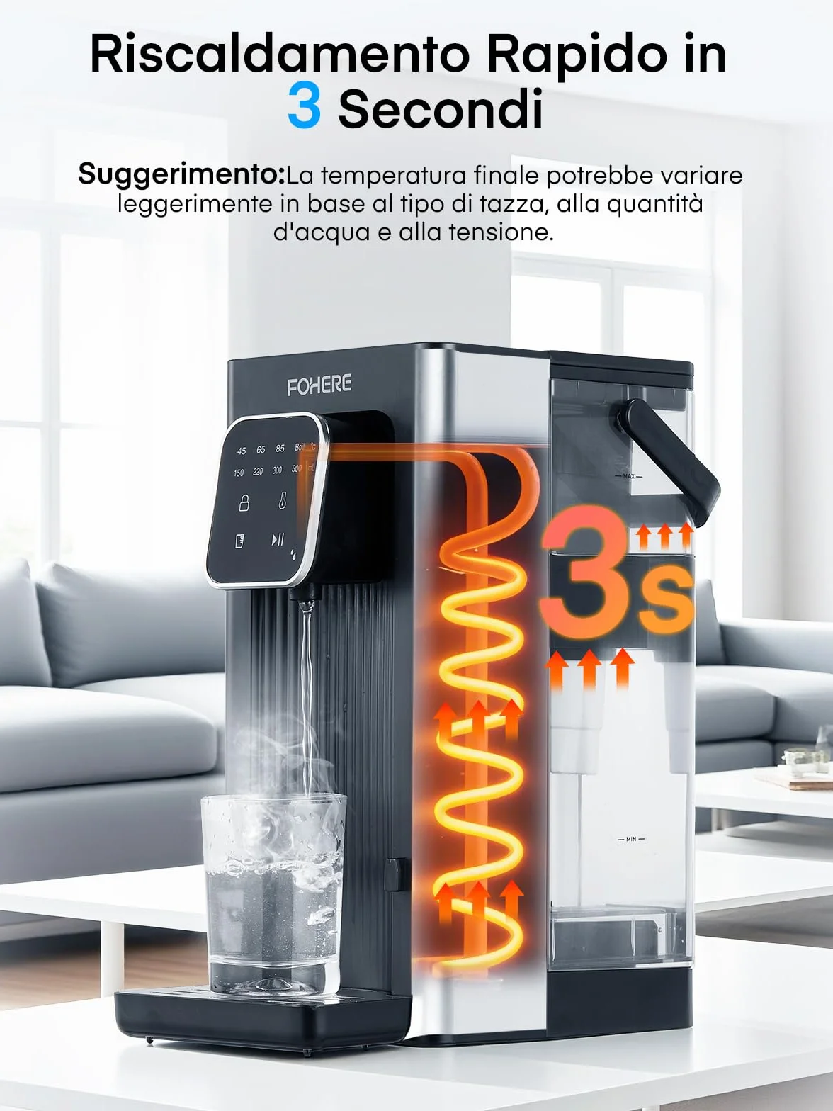 Dozownik ciepłej wody, 2600 W, ciepła woda w ciągu kilku sekund, 4 poziomy temperatury, 4 ilości wody, zbiornik 2,5 l, kompaktowy i energooszczędny, cyfrowy ekran dotykowy