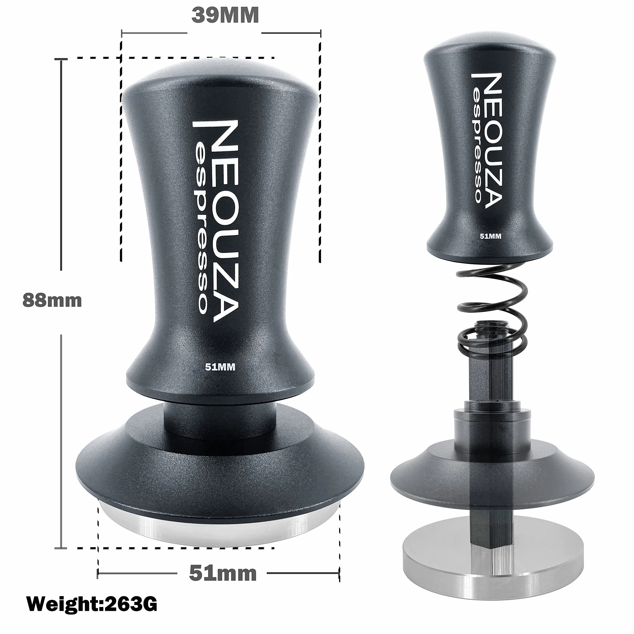 NEOUZA Tamper sprężynowy do espresso, akcesoria do kawy, narzędzie antyadhezyjne, samopoziomujący, wyrafinowany uchwyt, płaska podstawa ze stali nierdzewnej, 51 mm, matowa czerń