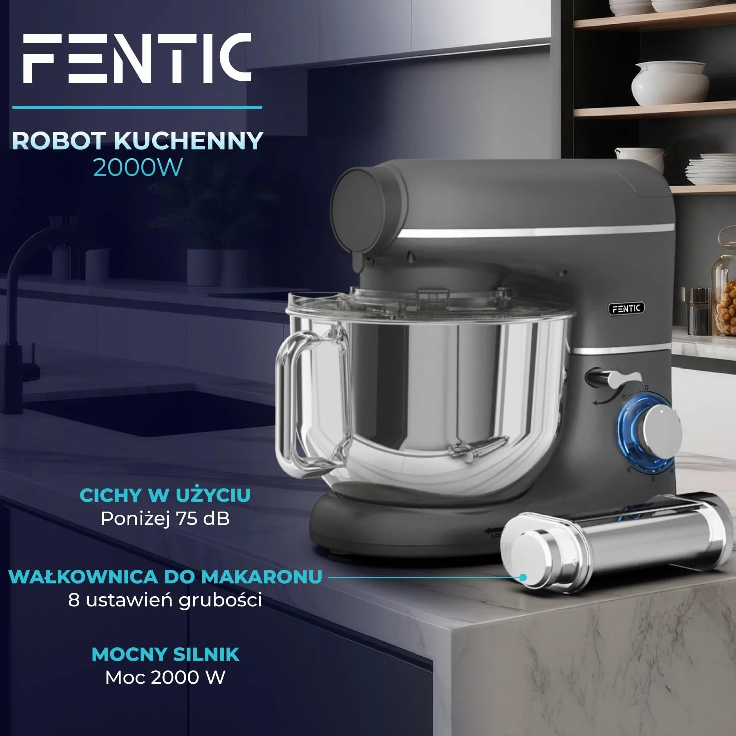 Młynek do ciasta z maszynką do makaronu – 2000W – mieszarka z maszynką do makaronu elektryczna – pasta maker - 6,2L stalowa misa do mieszania (szary)