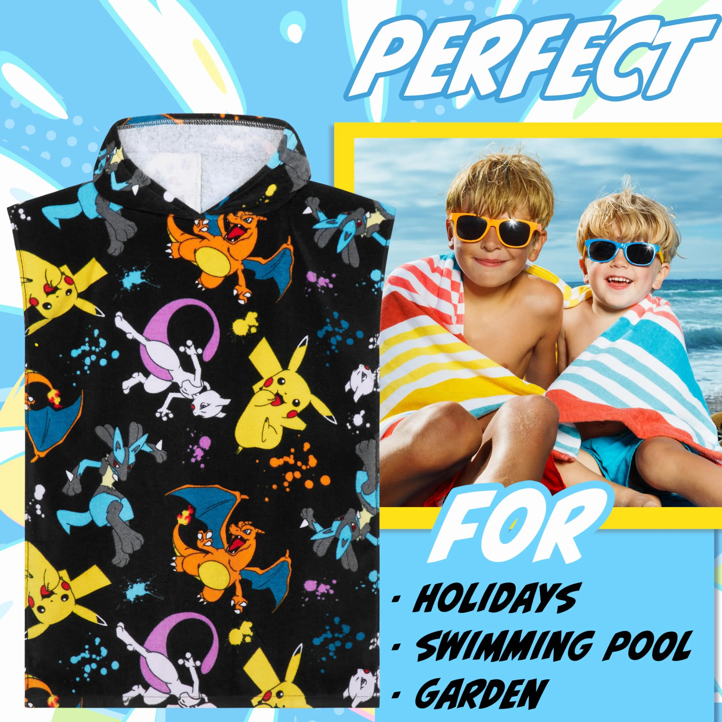 Pokémon Ponczo kąpielowe Pikachu Ręcznik plażowy z bawełny dla dzieci 6-9 lat Czarny/Wielokolorowy