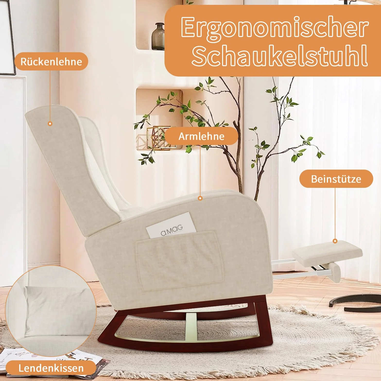 Fotel bujany tapicerowany z regulowanym podnóżkiem i poduszką lędźwiową, beżowy 67x64x99 cm