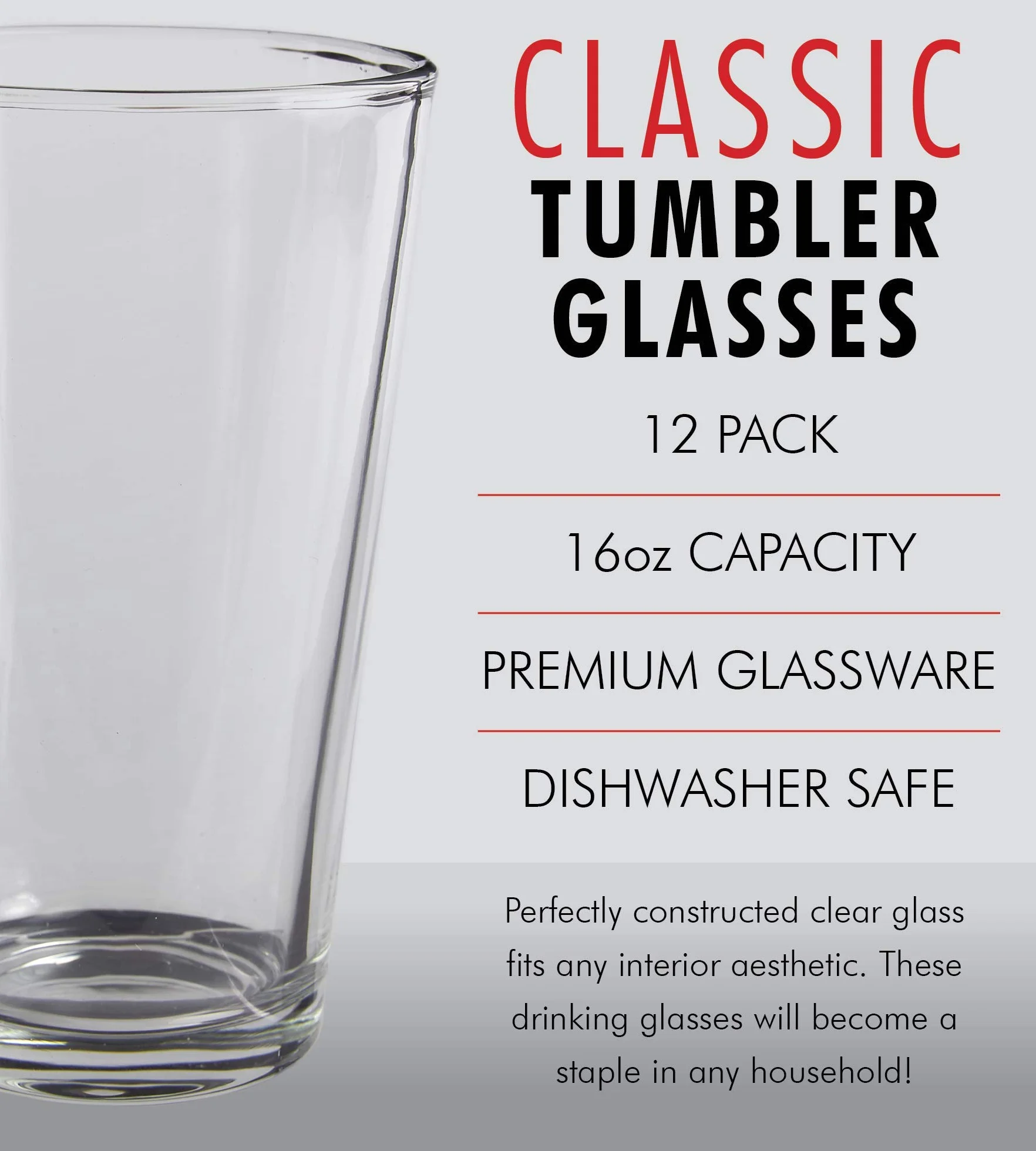 Kubki do piwa z przezroczystego szkła, 12 sztuk, uniwersalne kubki do picia, 473 ml, elegancki design do domu i kuchni, bez ołowiu i BPA, idealne do restauracji, barów, imprez, firmy Kitchen Lux