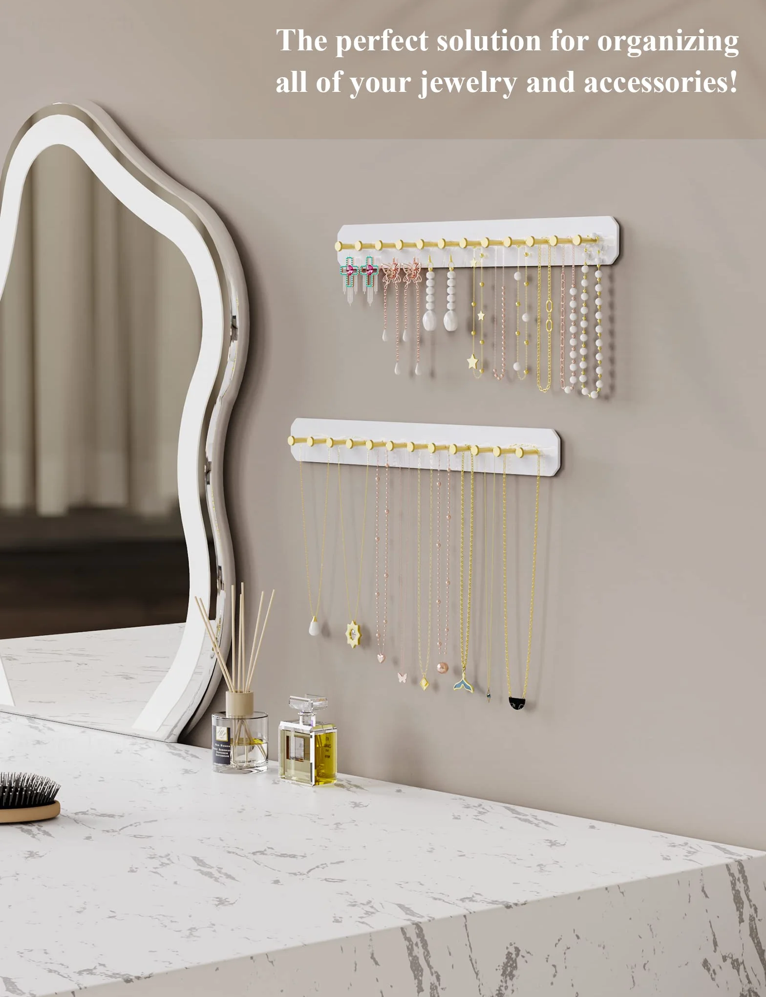 NiHome Naścienny akrylowy organizer na biżuterię, 2 sztuki, trwały, elegancki stojak, mocne haczyki ze stali węglowej, na toaletkę, do łazienki, kuchni, bezproblemowy montaż, wiele opcji montażu
