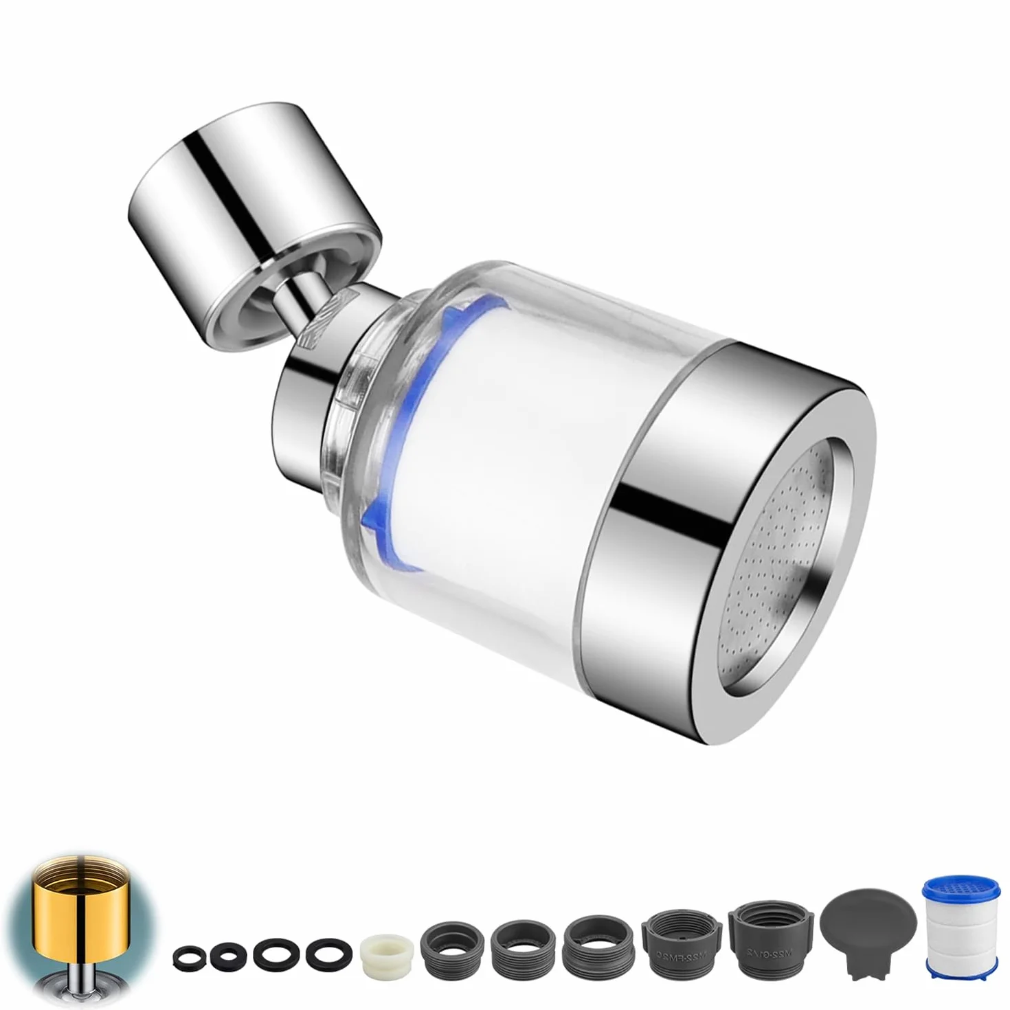 Filtr do wody, kran z kranem, obracany o 360°, z 6 elementami filtrującymi z bawełny PP i uniwersalnym adapterem do zlewu, do zlewozmywaka, kuchni, łazienki