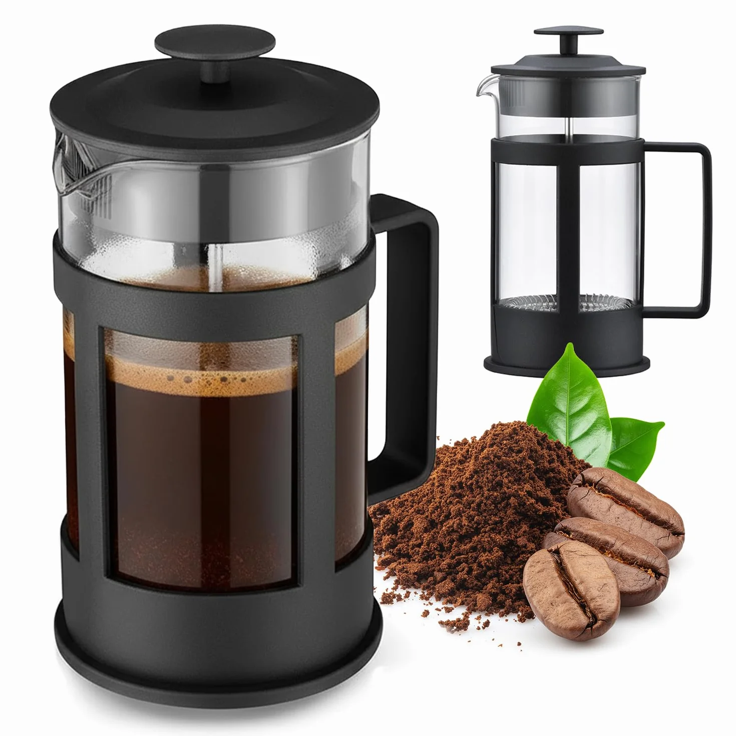 Zaparzacz do kawy 1 l, szklany French Press z filtrem ze stali nierdzewnej i uchwytem Cool-Touch – zaparzacz do herbaty, dzbanek na zioła, odporny na wysokie temperatury, szkło