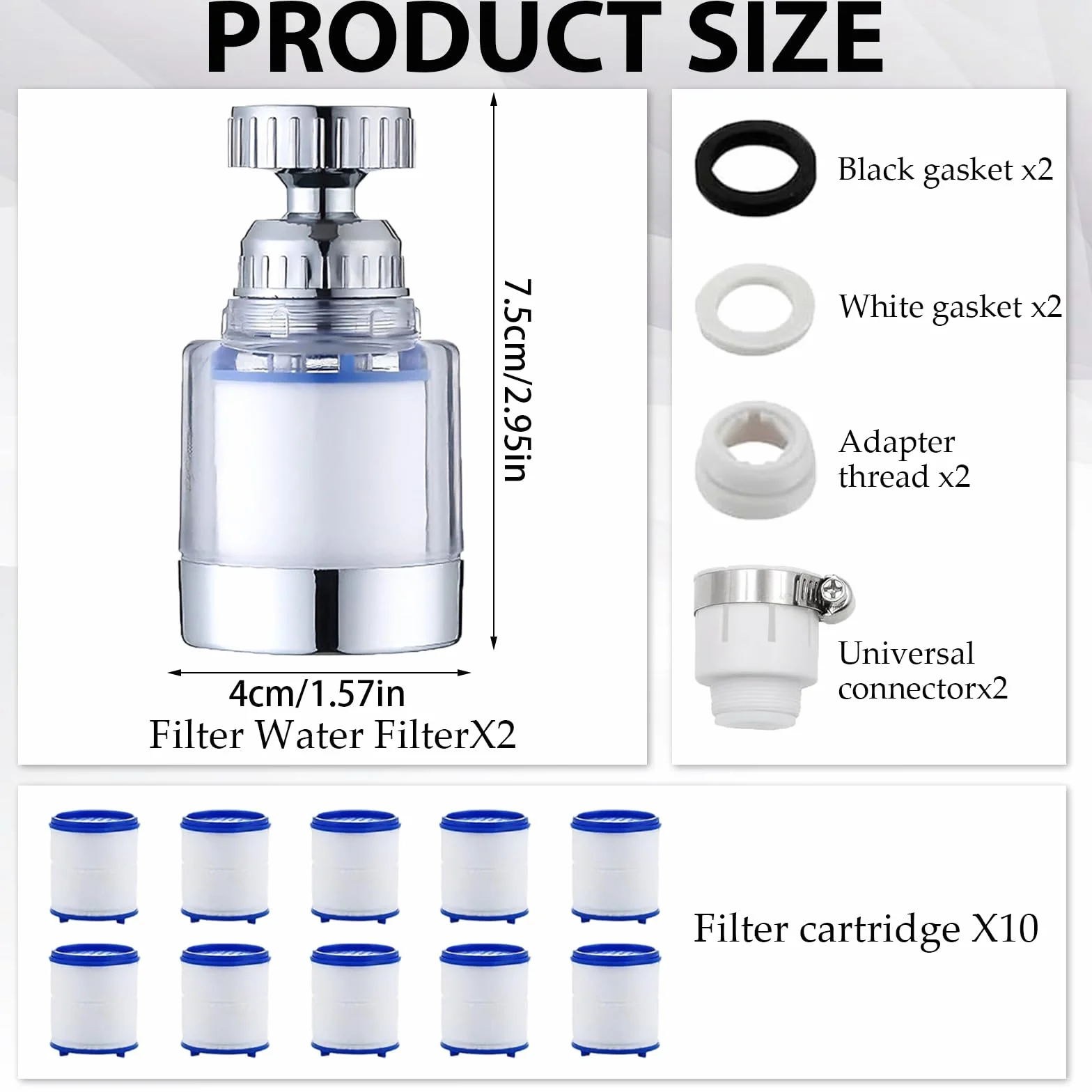 Filtr do wody, kran, 2 sztuki, filtr 360°, z 10 wymiennymi filtrami i uniwersalnym adapterem, kran do odkamieniacza, nasadka do kuchni, łazienki, zlewu