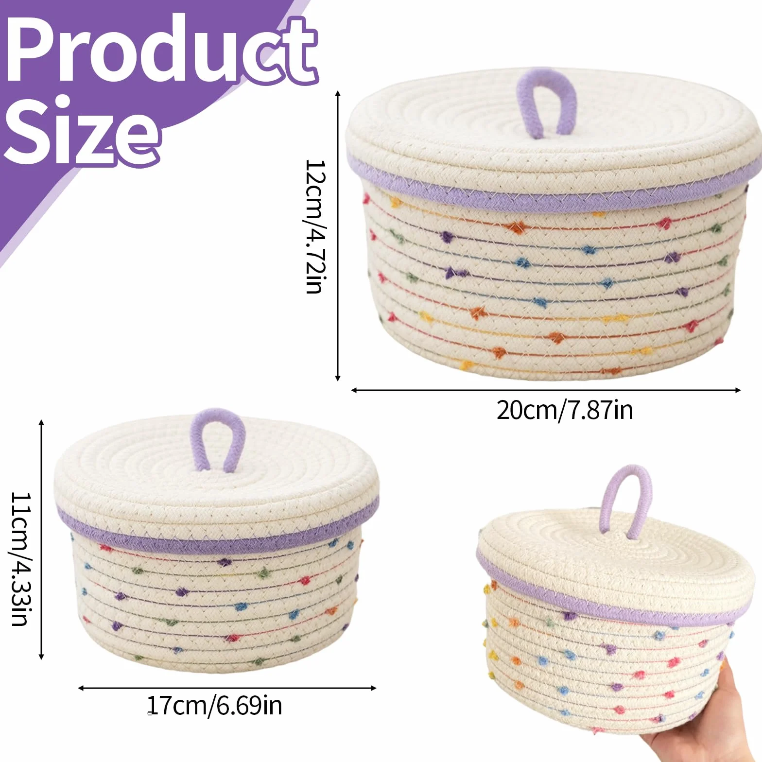 Kosz z liny bawełnianej z pokrywką 2 sztuki 17 cm/20 cm dekoracyjny pleciony do przechowywania