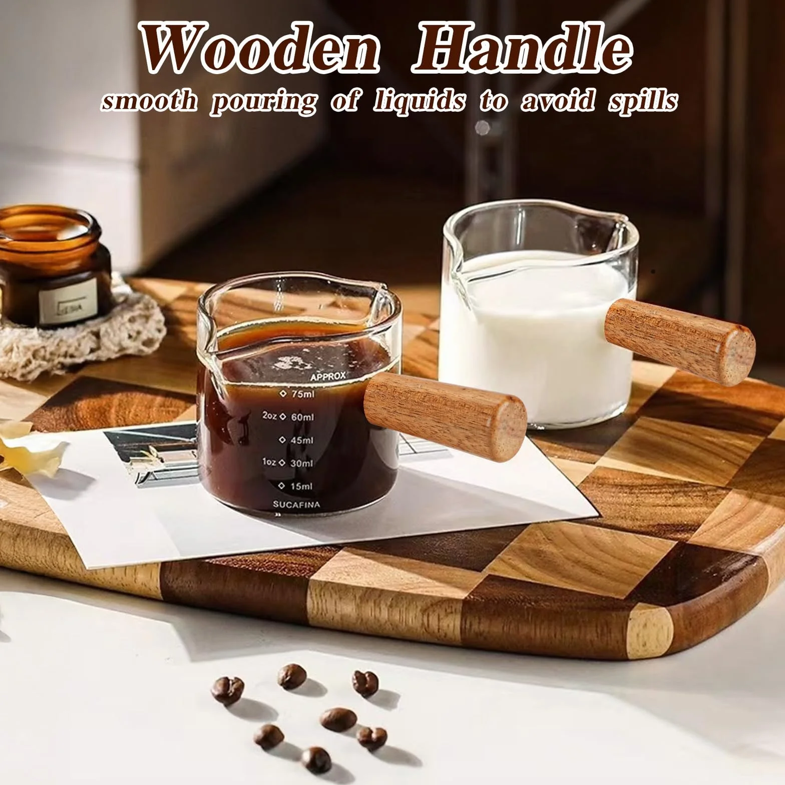 4 sztuki filiżanek do espresso z drewnianym uchwytem, szklana szklanka pomiarowa z podwójnym odpływem i podwójną skalą, szklanki do espresso, akcesoria do espresso, filiżanki z odpływem w kształcie V