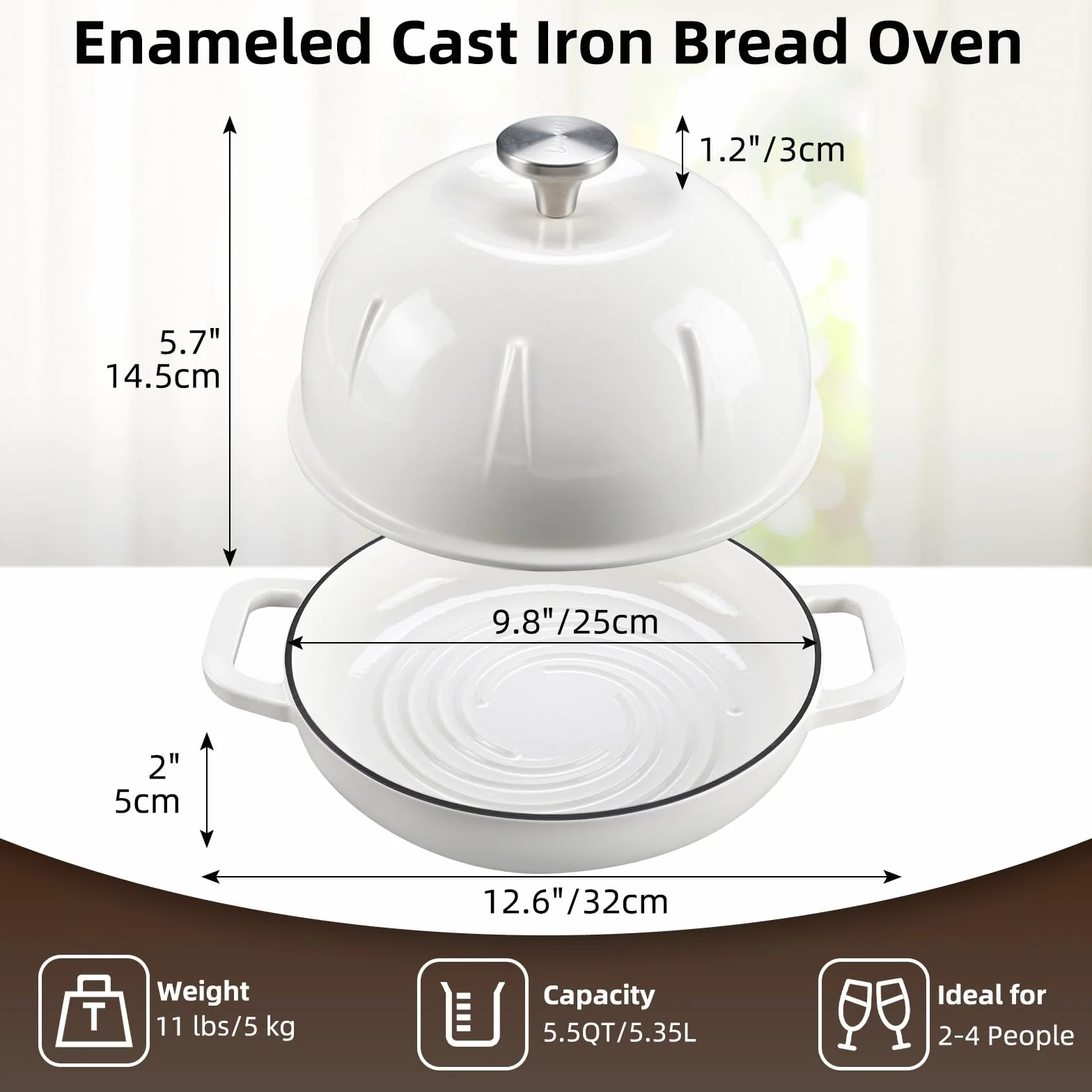 Davivy Emaliowany żeliwny piec holenderski 5 l do chleba na zakwasie, holenderski garnek do piekarnika z wypukłą pokrywką, żeliwny garnek do chleba - z rękawicami kuchennymi, biały