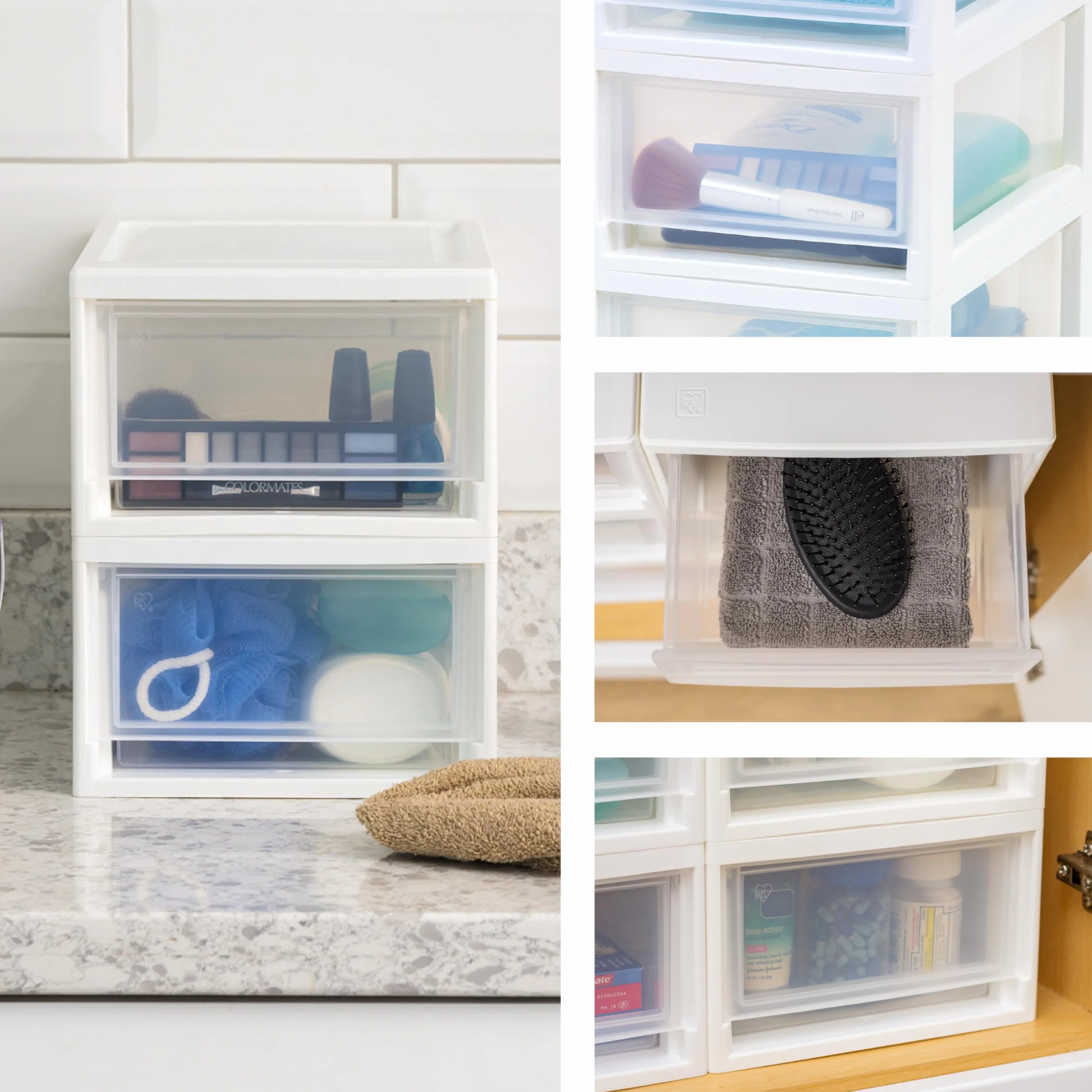 Iris Ohyama, Przezroczysty plastikowy drawer, możliwość układania w stos, biały, 7 l, zestaw 3 sztuk, wielofunkcyjny, widoczna zawartość, do łazienki, zabawek, biura, klatki piersiowej, organizera,