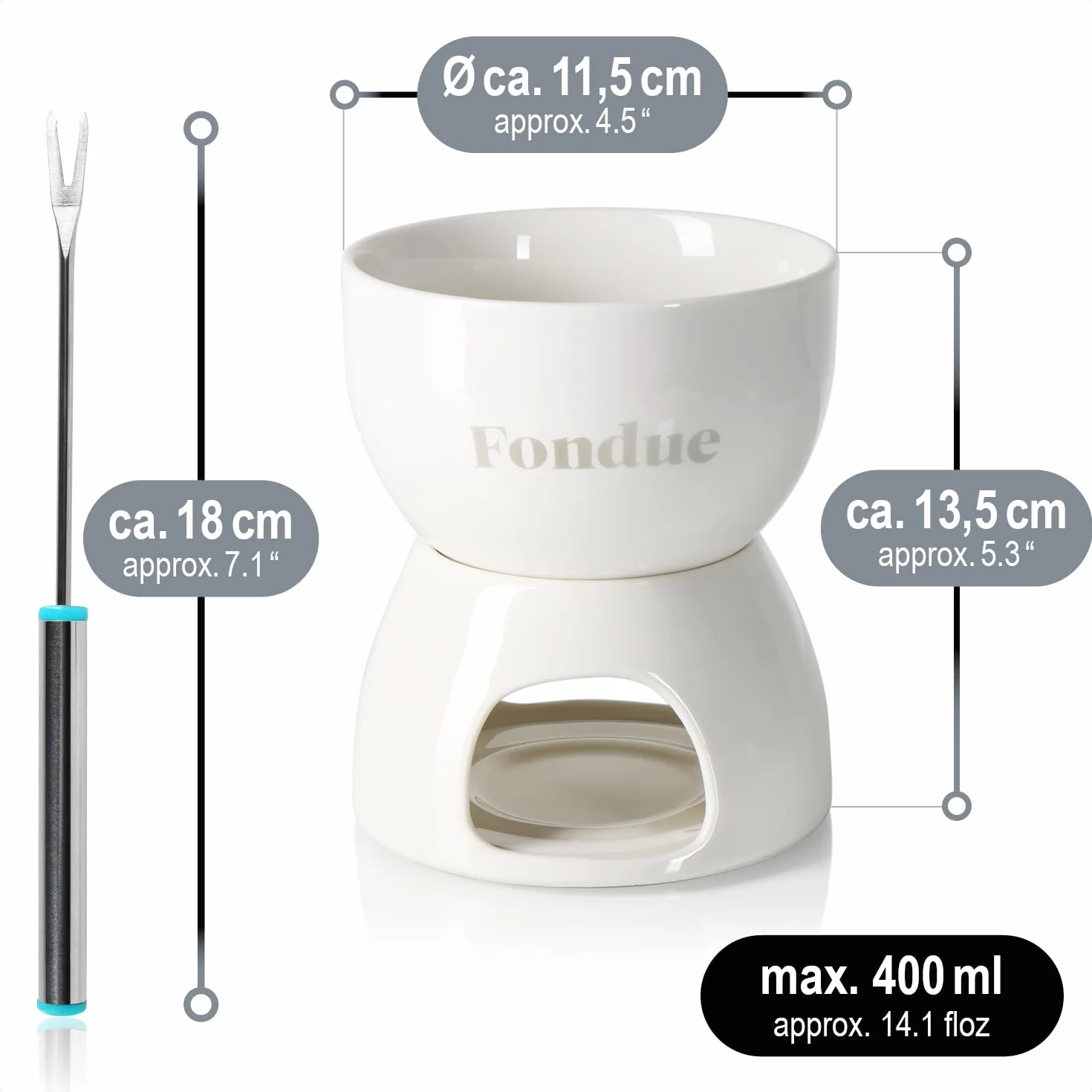 COM-FOUR® Zestaw do czekoladowego fondue Premium - miska ceramiczna z podstawka na podgrzewacz i 4 widelcami - tygiel do czekolady i sera - tygiel - miska do dipów deserowych dla 4 osób (bialy)