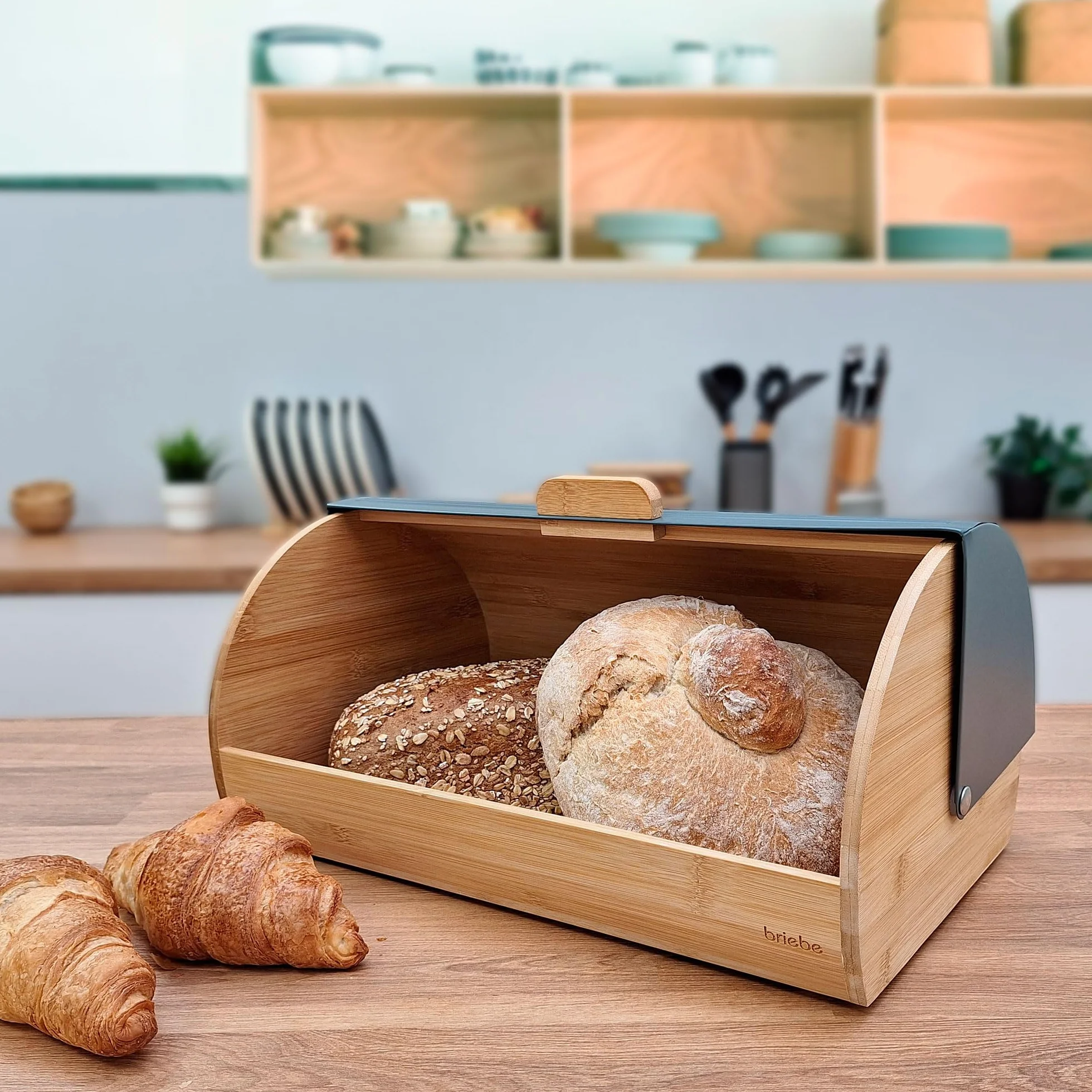 briebe Nordic chlebak do przechowywania chleba stołowego, drewno bambusowe, przesuwana pokrywa, pojemnik na chleb i wypieki, nowoczesny nordycki design, szary
