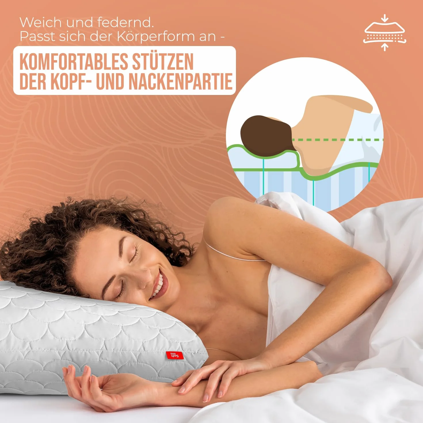 Pikowana poduszka premium SOFTIMI – antyalergiczna – antyroztoczowa – bezzapachowa do natychmiastowego użytku – z regulacją twardości (70 x 80 cm)