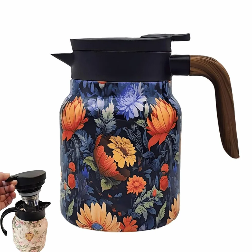 Dzbanek do herbaty w stylu vintage, kwiatowy wzór, 1000 ml, wbudowany zaparzacz do herbaty w stylu vintage, karafka termiczna ze stali nierdzewnej z pokrywką, do gorących napojów, mini dzbanek do kawy