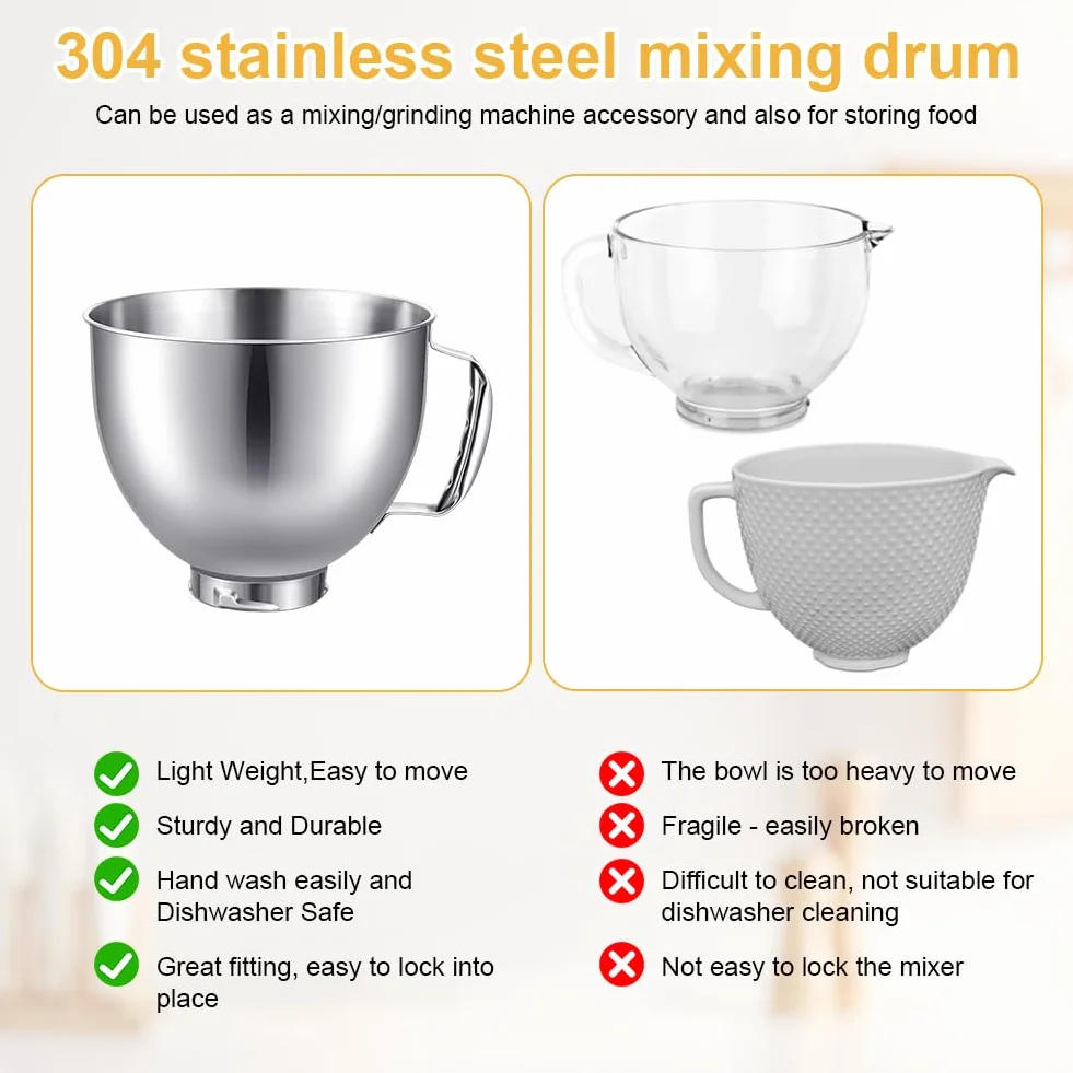 Miska ze stali nierdzewnej do miksera stojącego Kitchenaid, Tutamaz Miska do Kitchen Aid 4,5-5 Quart, mikser stojący, kolor srebrny, części zamienne do mieszadła stojącego, miska ze stali nierdzewnej