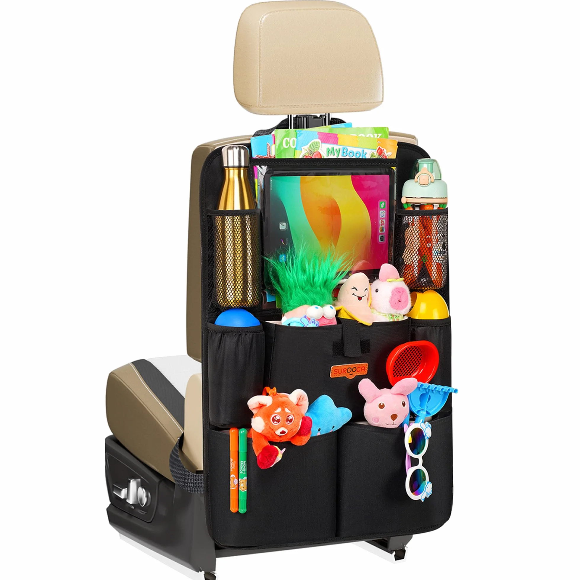 SURDOCA Organizer na fotel samochodowy – 4. generacji ulepszony organizer samochodowy na tylne siedzenie do 10,5 tablet i 9 kieszeni, przechowywanie zabawek dla dzieci, wodoszczelny (1 PC, Czarny)