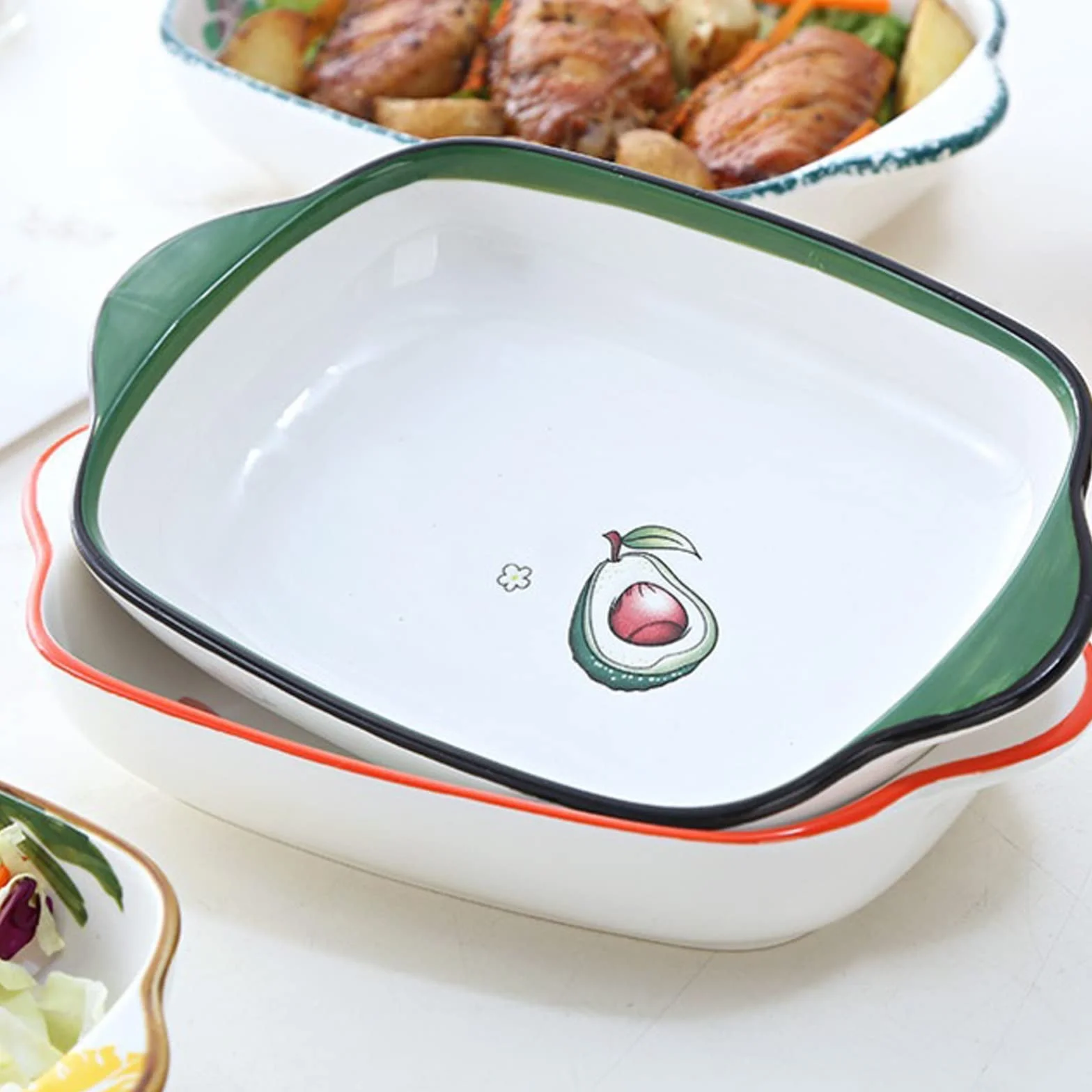 Obuuszne naczynie do pieczenia, naczynia do pieczenia Prostokątna płyta do pieczenia Ceramiczne naczynia do pieczenia z obuusznym piekarnikiem Kuchenka mikrofalowa Naczynie do pieczenia Domowa taca po