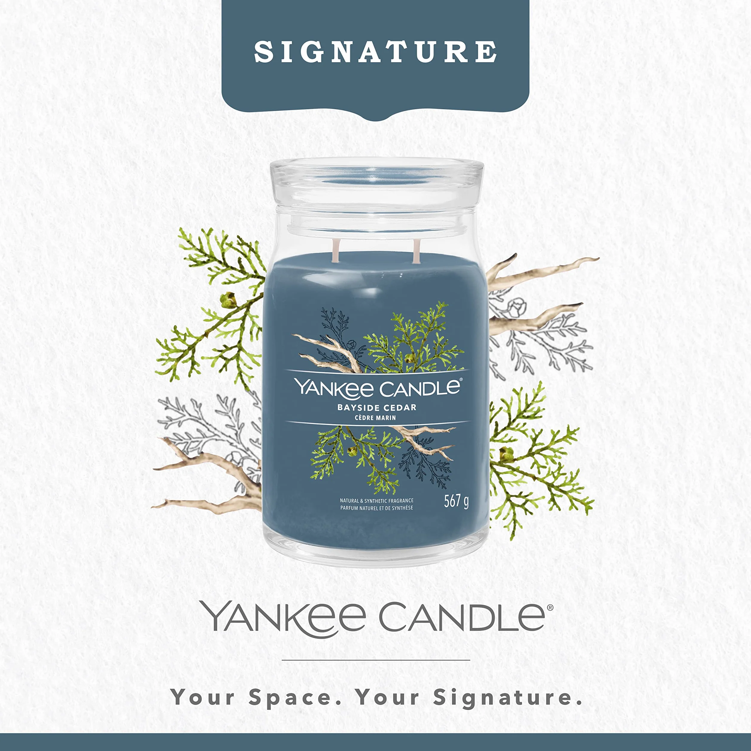 Yankee Candle Podpisowa świeca zapachowa, duża świeca Bayside Cedar z podwójnymi knotami, mieszanka wosku sojowego, długa paląca się świeca, idealny prezent dla kobiet