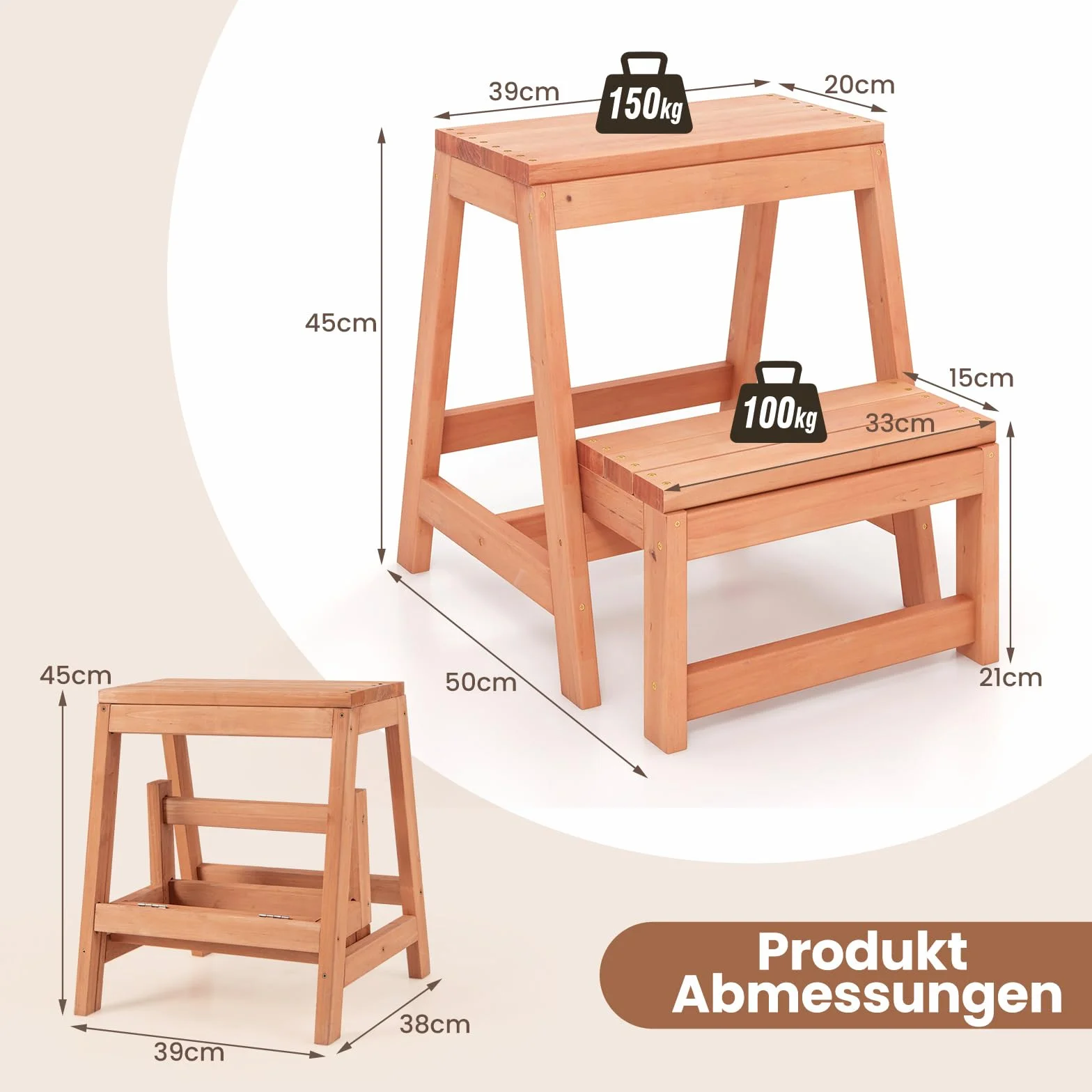 COSTWAY 2-stopniowy taboret składany, krzesło drabinkowe, obciążenie do 250 kg, drabinka z drewna świerkowego, drabina domowa, naturalna drabina do bibliotek lub domu, 50 x 39 x 45 cm