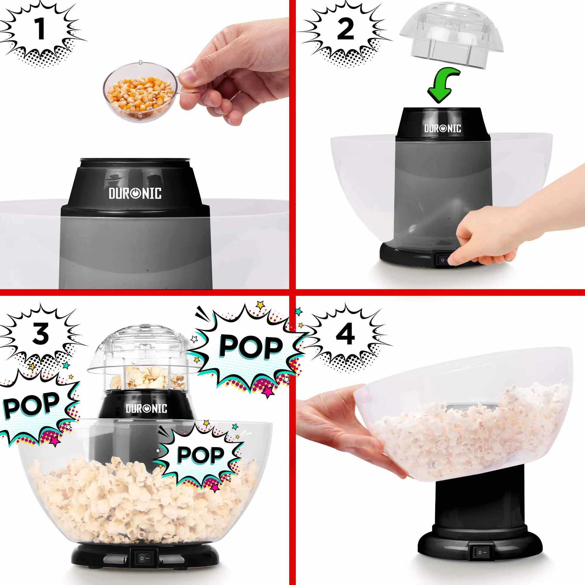 Duronic POP50 BK Maszyna do popcornu automat 1200W z wyjmowaną misą bezolejowa | do prażenia 50g ziaren przekąska bez tłuszczu | na gorące powietrze