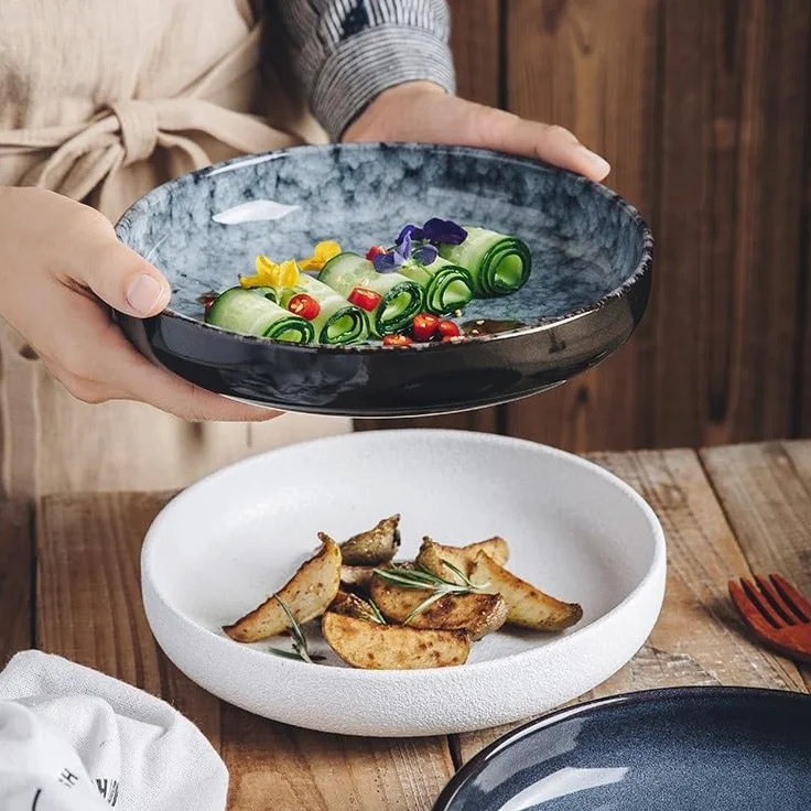 Ceramiczne talerze obiadowe, głębokie, okrągłe naczynie do serwowania kuchni zachodniej, restauracji i domowej kuchni, idealne do owoców i przekąsek, elegancka zastawa stołowa do jadalni