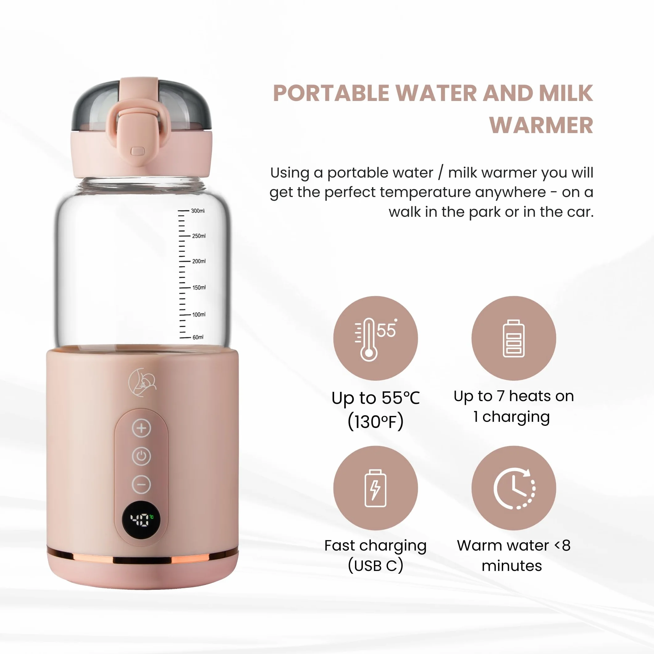 Bezprzewodowy podgrzewacz do butelek MyBabyBottle, mleka modyfikowanego, mleka matki, szybkie podgrzewanie w ciągu 8 minut, butelka dla niemowląt do podróży, samochodu, samolotu (Różowy)