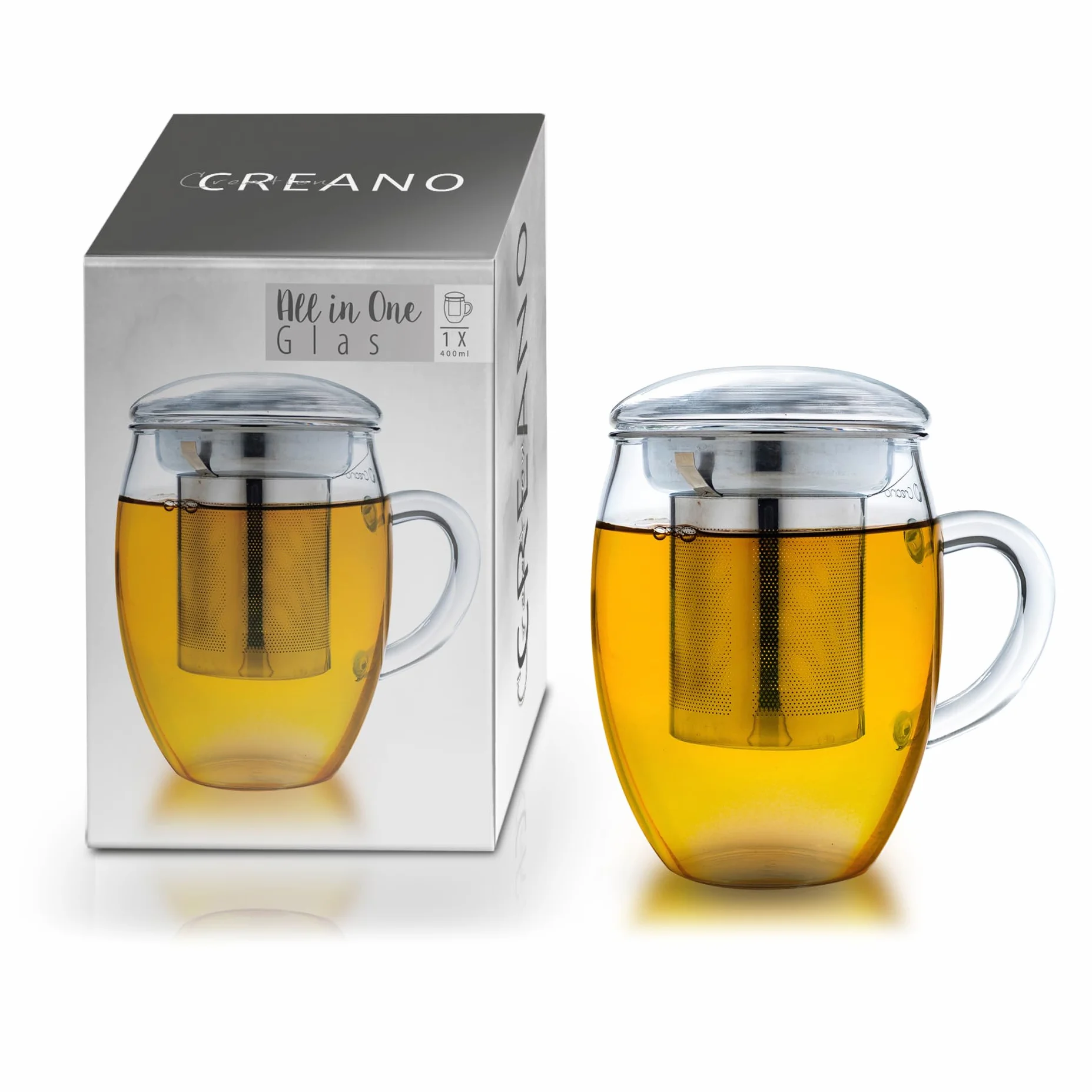 Creano Szklanka do herbaty all in one 400 ml, duża filiżanka do herbaty z sitkiem ze stali nierdzewnej i pokrywką ze szkła, zaparzacz do herbaty w atrakcyjnym opakowaniu prezentowym (1 x 400 ml)