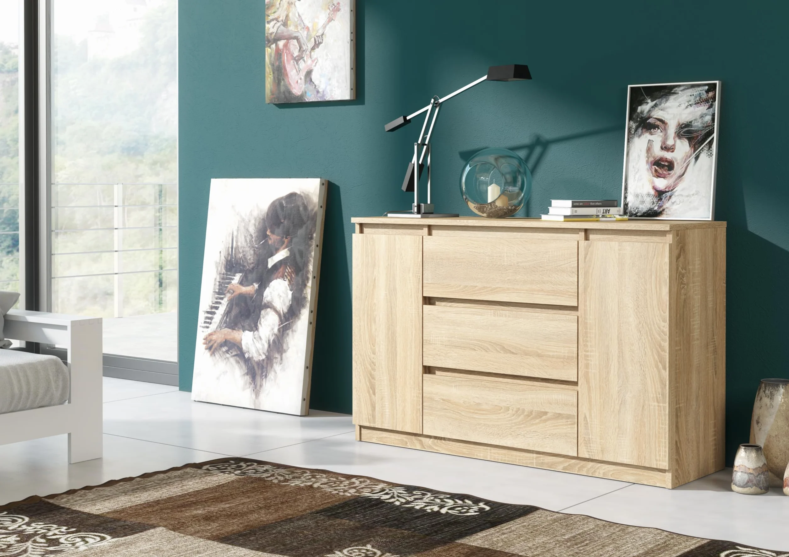meble masztalerz Komoda Dąb Sonoma Mat z 3 szufladami i 2 drzwiami - 120,4x78,2x39 cm - Komoda do salonu, sypialni - Szafka z szufladami - Komoda z szufladami - 120 cm