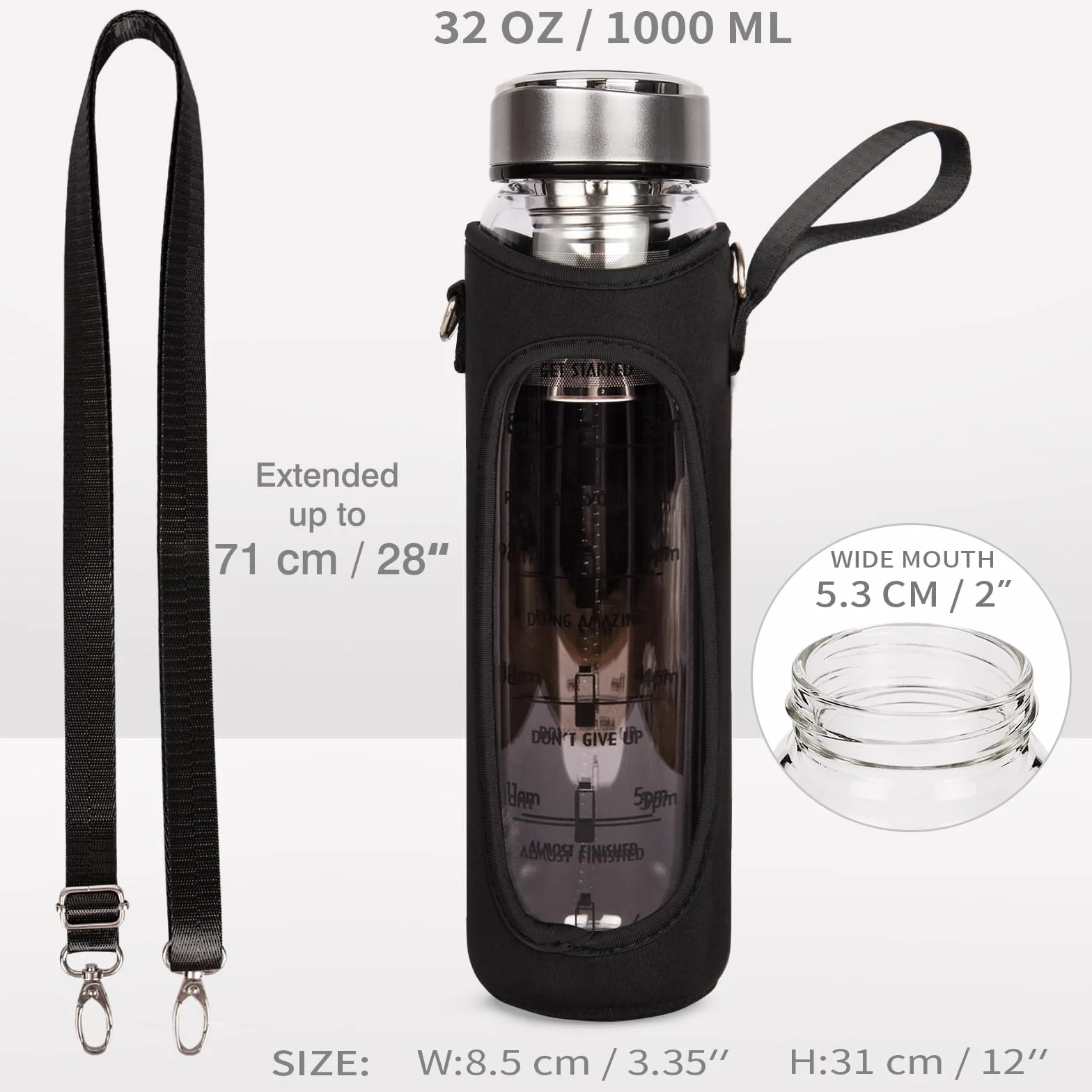 1 l / 1000 ml szklana butelka na wodę ze znacznikami czasu, 1 litrowa butelka do picia herbaty z zaparzaczem ze stali nierdzewnej, luźna herbata liściasta, kawa na zimno