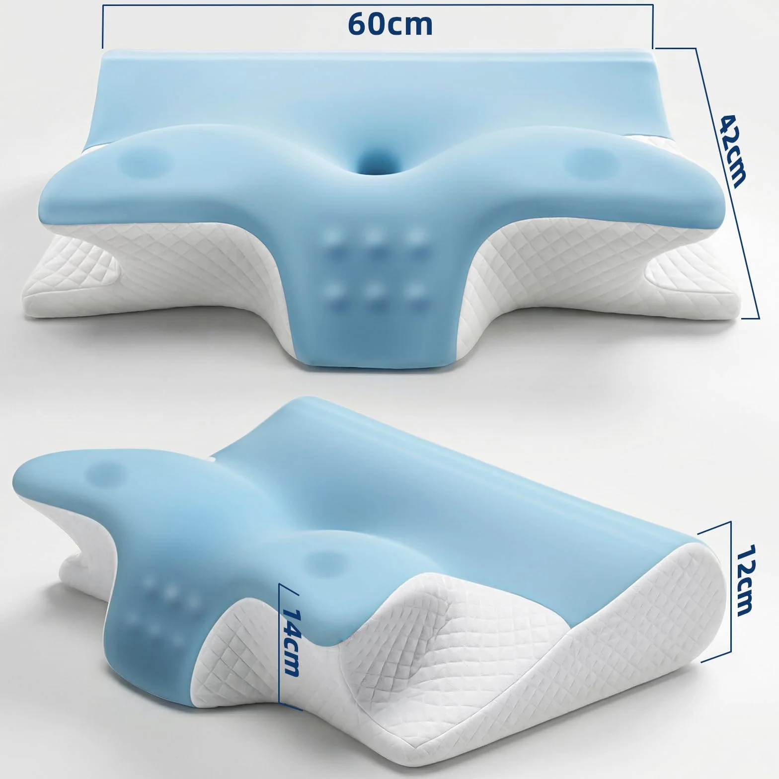 Poduszka Ortopedyczna do Spania Profilowana 2w1, Ergonomiczna Pianka Memory, pod Szyję i Kark, Przeciw Chrapaniu, dla Śpiących na Boku, Plecach i Brzuchu, 60x42x14/12 cm (Niebieska)