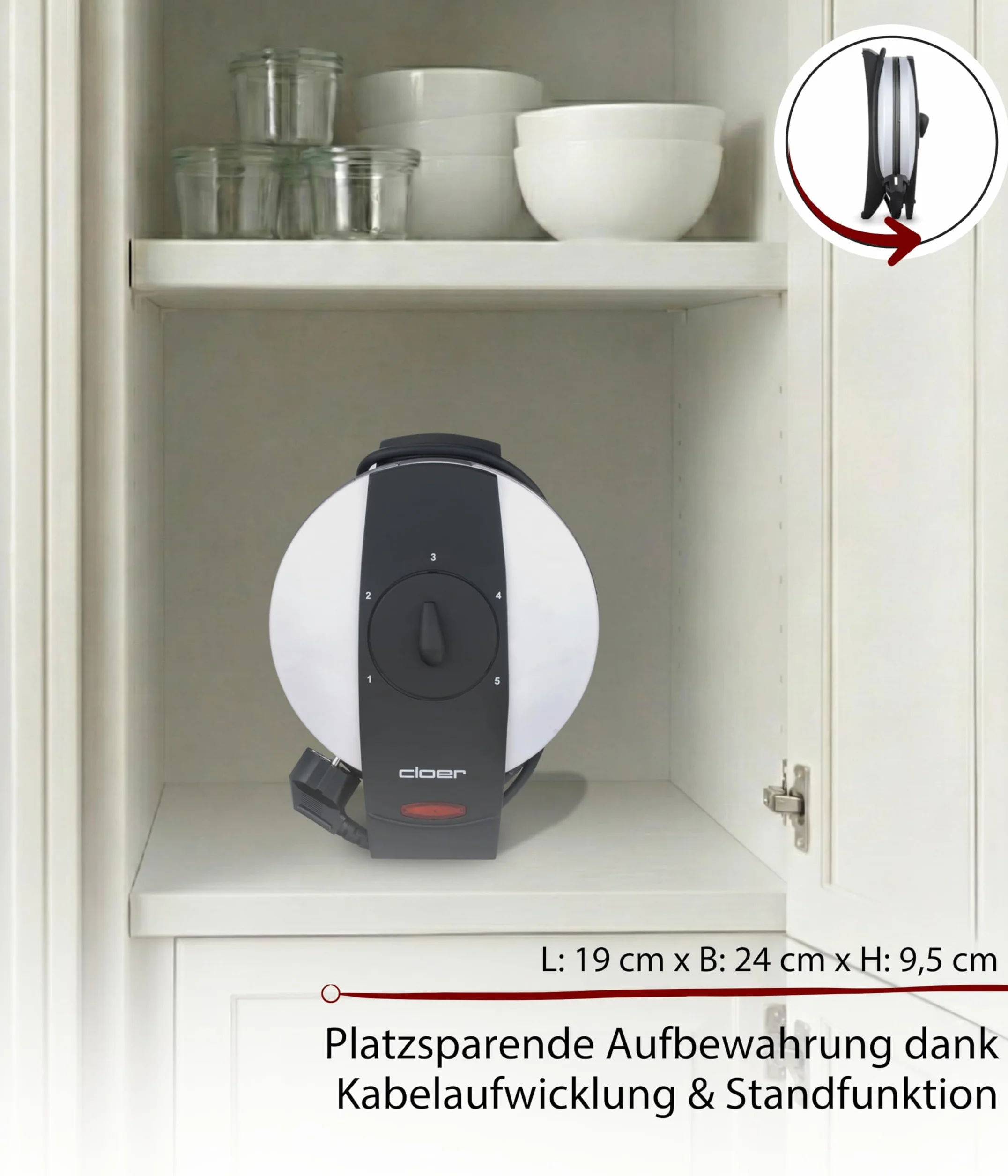 Cloer 261 Maszynka do robienia wafli na cienkie szyszki, 800 W, Powierzchnia do pieczenia 14,5 cm Ø, z nieprzywierającą powłoką, Bezstopniowa regulacja stopnia przypieczenia, biały metalowy korpus