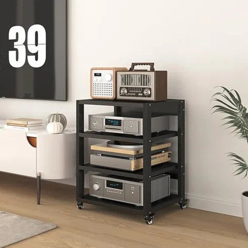 4-poziomowy ruchomy stojak na telewizor i szafka do gier – narożny stojak HiFi 55 x 50 x 69,5 cm, idealny do salonu i pomieszczeń nagraniowych, wszechstronne rozwiązanie do przechowywania rozrywki