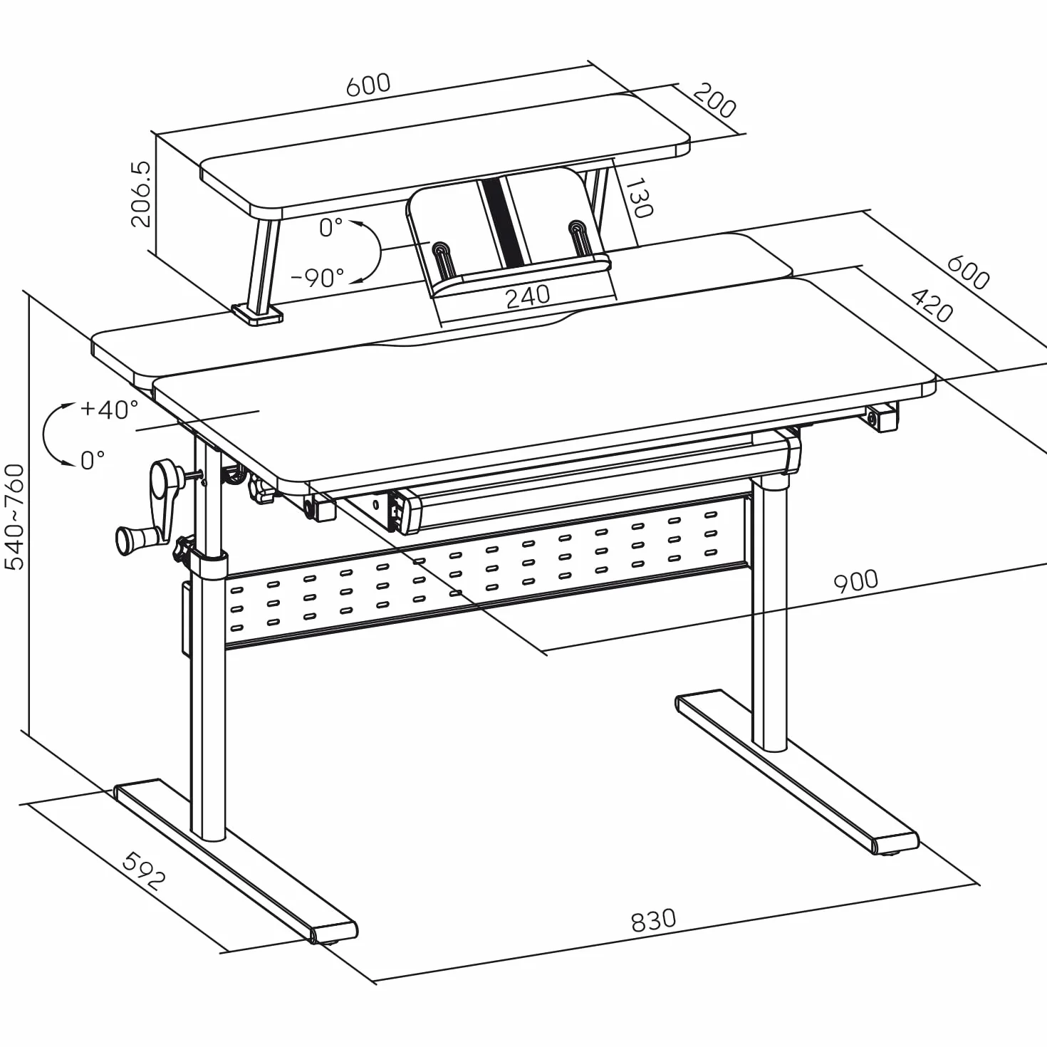 Ergonomiczne biurko ER-483 kids' height and angle adjustable to 40°, extra shelf with book holder, school table for kids up to 40 kg, drawer hook