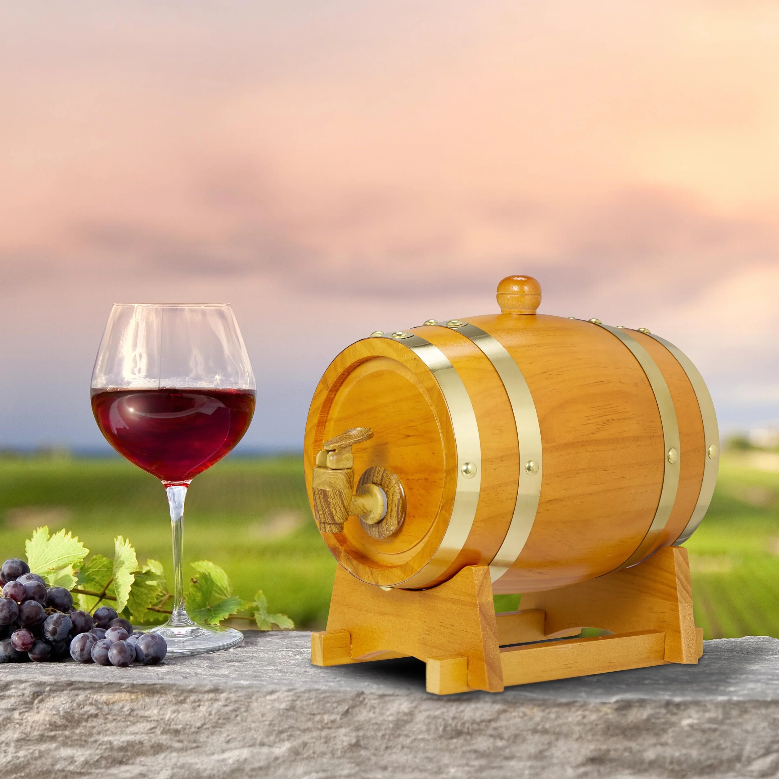 Relaxdays Beczka na whisky, 1,25 l, drewniana, z koziołkiem i kranikiem, na wino, alkohole, dekoracyjna beczka drewniana, ciemnobrązowa