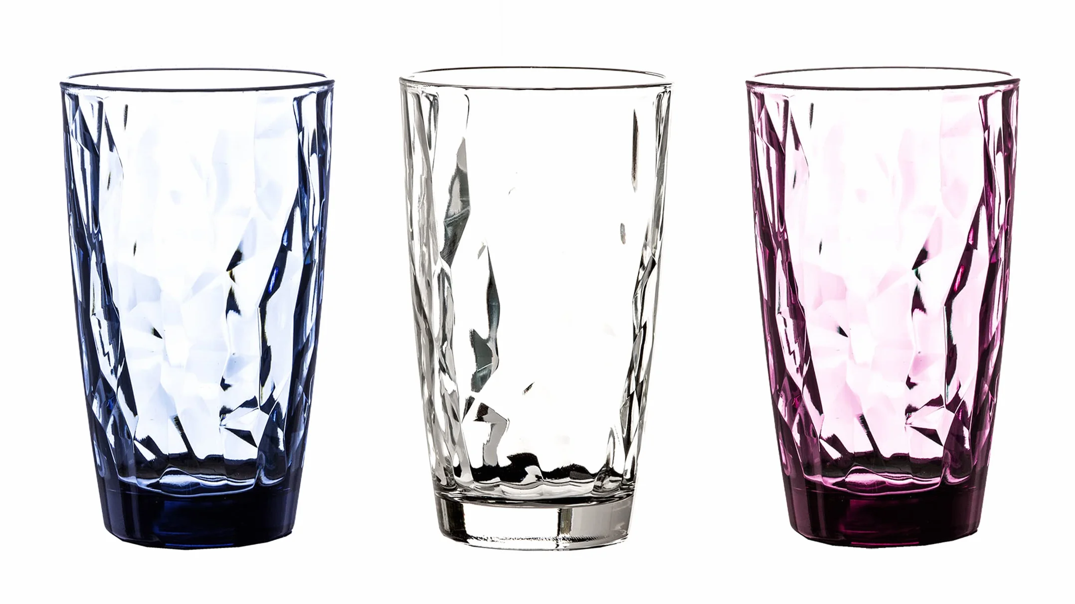 Bormioli Rocco Zestaw 6 Diamentowych Szklanek do Wody, 470 ml, Przezroczyste, Niebieskie, Fioletowe (2 na Kolor), Nadaje się do Mycia w Zmywarce, Duże Szklanki na Sok