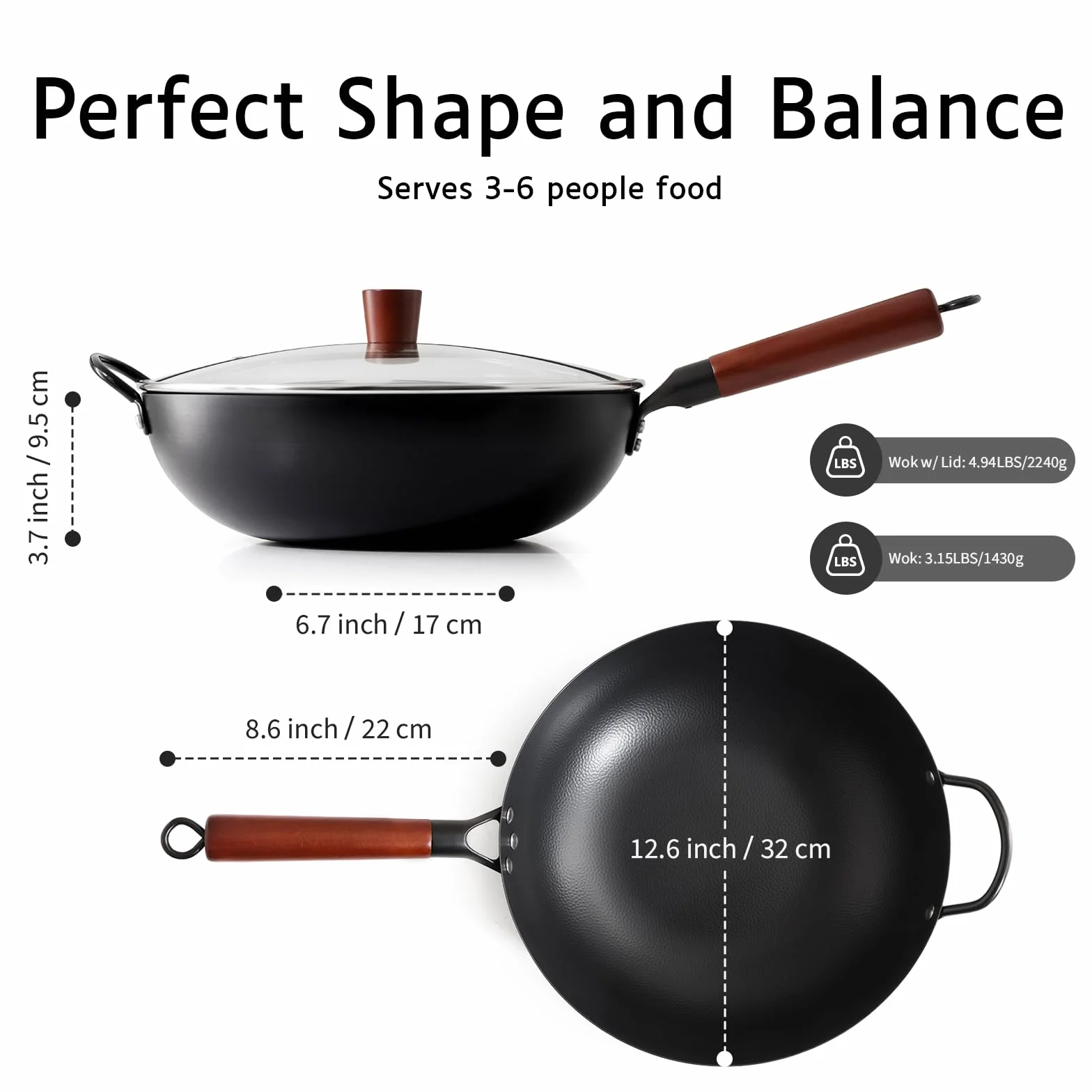 Kordisen Wok ze stali węglowej 32 cm z pokrywką, ergonomiczny drewniany uchwyt, płaskie dno do indukcji i gazu, naturalna nieprzywierająca, duża pojemność dla 3-6 osób, idealny do kuchni azjatyckiej