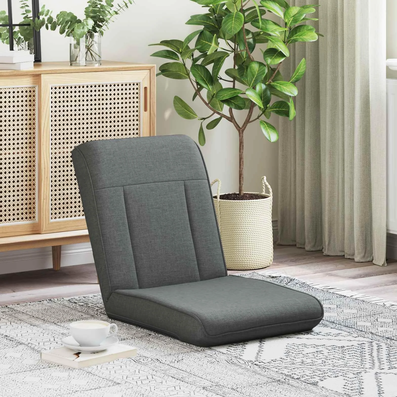 Krzesło podłogowe, ciemnoszare, materiałowe, 50 x 73 x 60 cm, składane, regulowane, z wyściełanym oparciem, ergonomiczne, do salonu, gier, jogi, czytania i biura