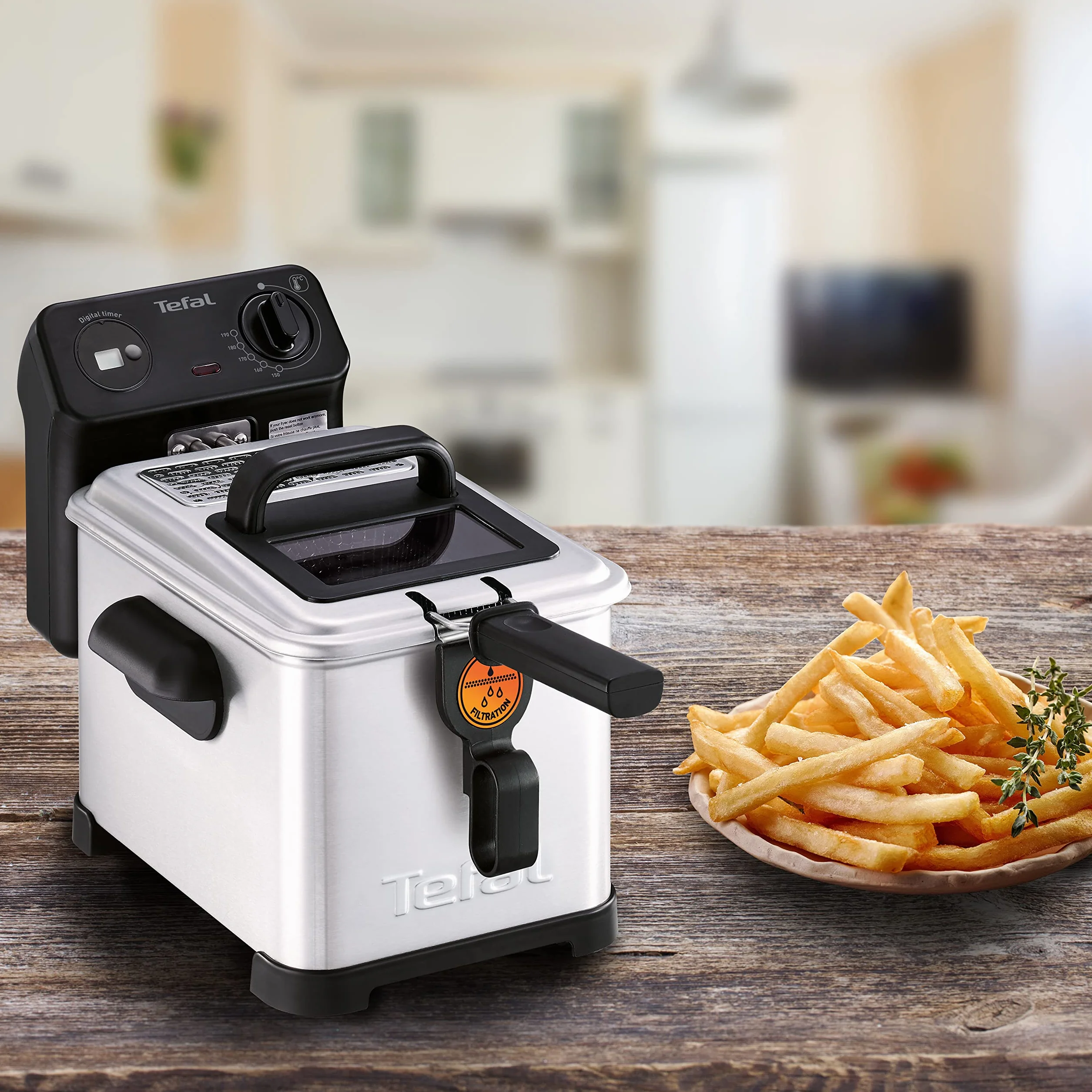 Tefal Filtra Pro FR5160 frytkownica elektryczna, pojemność 4 l, sitko do zbierania czystego oleju, części nadające się do mycia w zmywarce, okienko, regulowana kontrola temperatury, czarna, stal