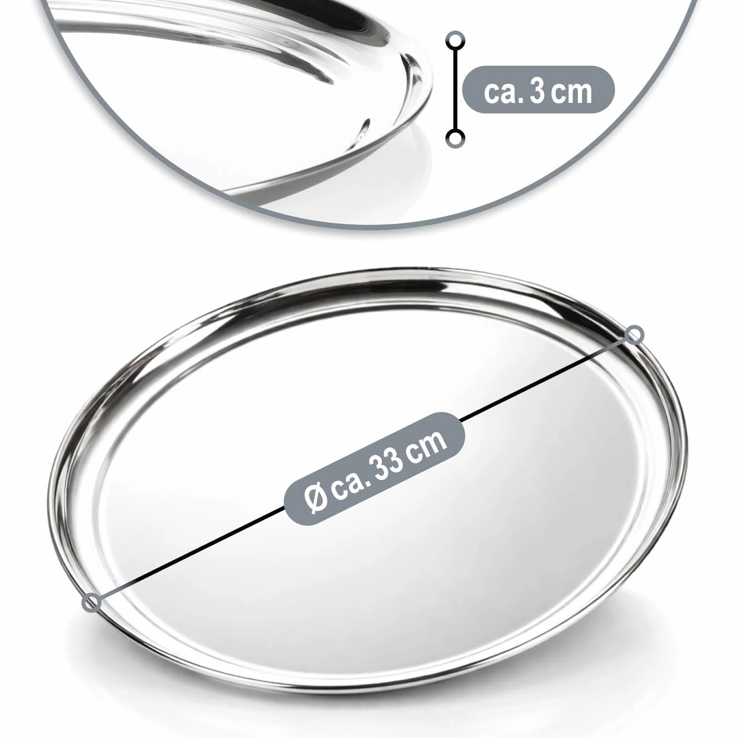 COM-FOUR® taca do serwowania ze stali nierdzewnej - okrągła taca do serwowania i dekorowania - błyszcząca taca do serwowania (1 sztuka - ok. 33 cm z krawędzią)