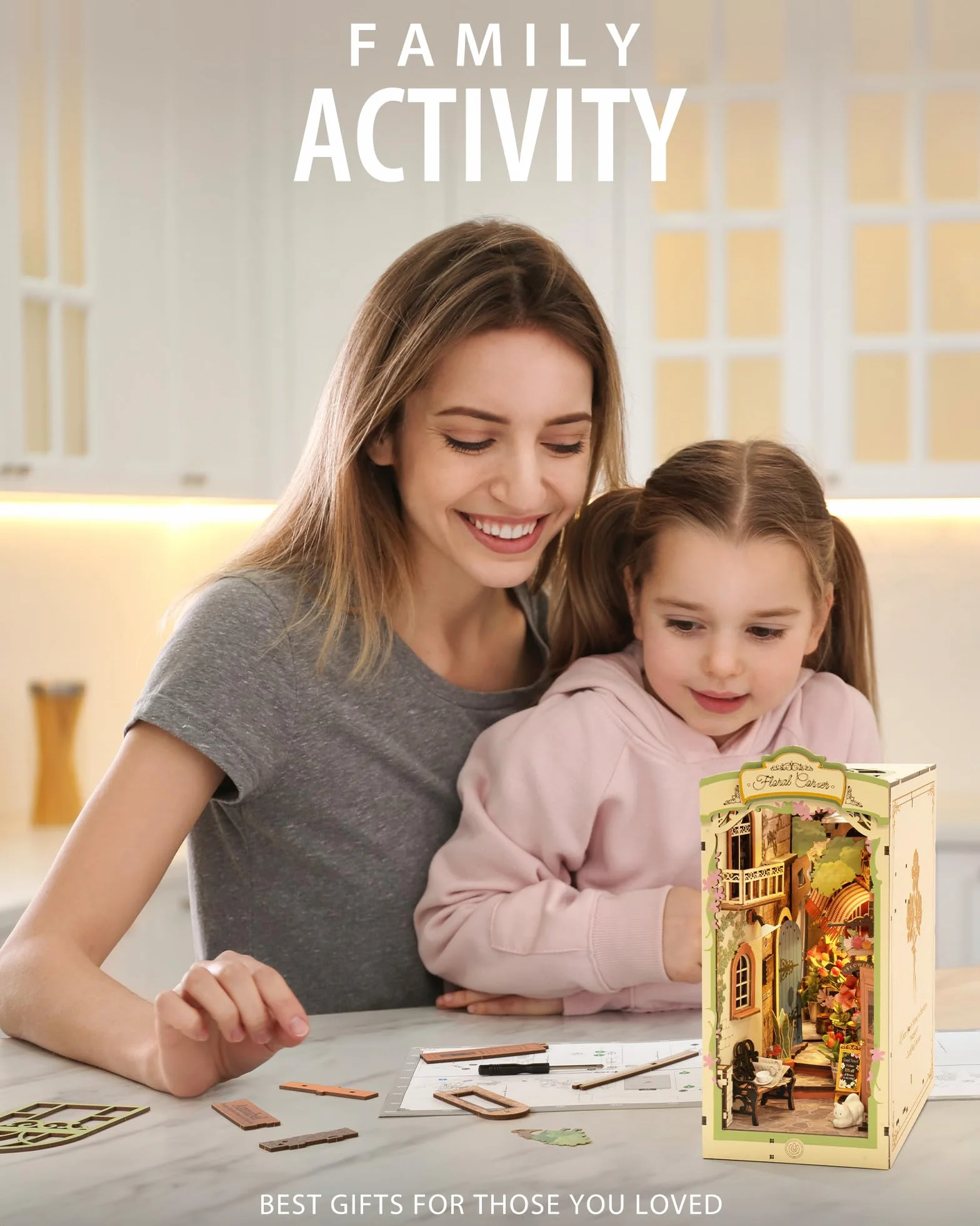 Rolife Zestaw Book Nook Kwiatowy Zakamarek z lampkami LED DIY Miniaturowy Zestaw Domku Drewniane Puzzle 3D dla Dorosłych do Budowania Dekoracja Półki na Książki Prezent na Boże Narodzenie i Urodziny