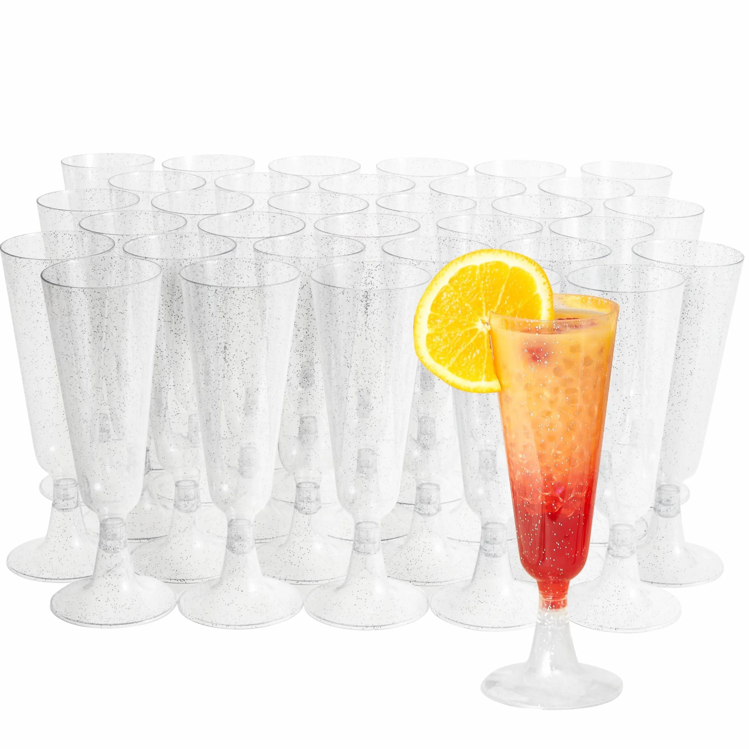 MATANA 24 plastikowe kieliszki do szampana premium ze srebrnym brokatem, 150 ml – kieliszki do tostów wielokrotnego użytku, kieliszki do koktajli Prosecco na wesela, urodziny, Boże Narodzenie, grill,