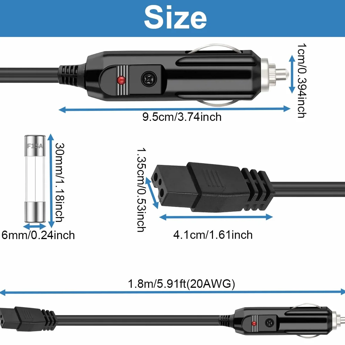 Xiatiaosann Kabel 12 V do lodówki samochodowej Adapter Kabel zasilający DC do lodówki zamrażarki samochodowej z bezpiecznikiem 15 A do podróży, na kemping piknik przyczepa kempingowa lodówka