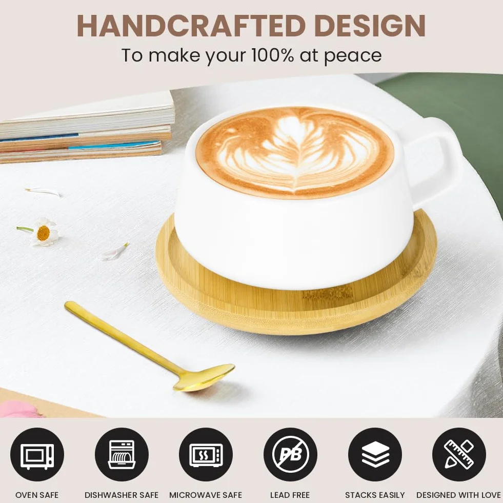 Zestaw filiżanek i spodków do cappuccino, 4 szt. porcelanowych filiżanek do kawy espresso ze spodkiem i łyżeczką, szerokie filiżanki do cappuccino 320 ml, zestaw ceramicznych filiżanek do