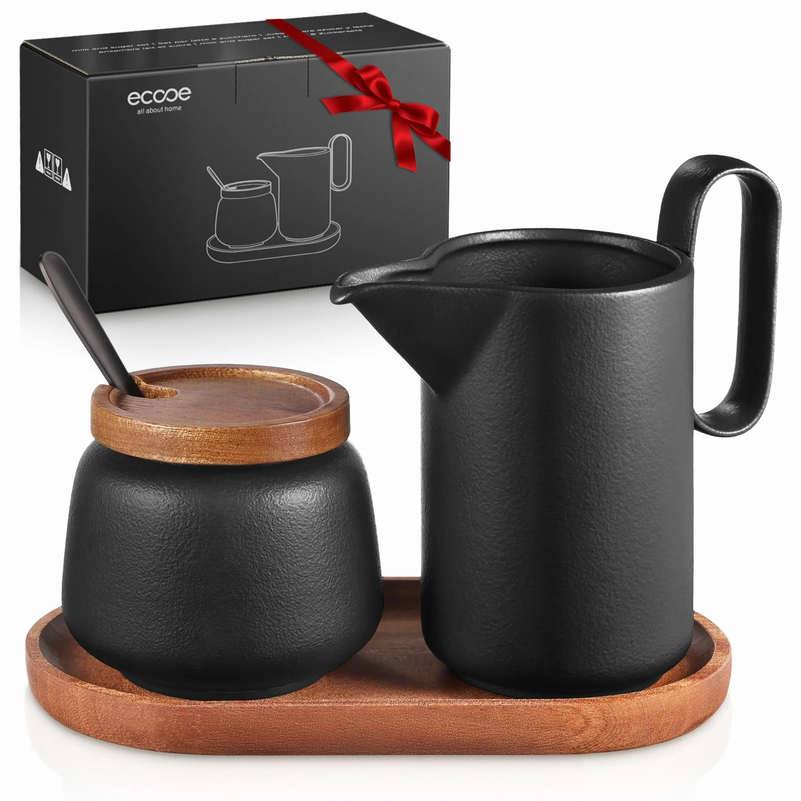 ecooe Zestaw do mleka i cukru – dzbanek na mleko czarny ceramiczny i cukiernica, z pokrywką i metalową łyżeczką, dzbanek na cukier barista z drewnianą tacą, ceramiczny dzbanek na śmietanę, pojemnik na