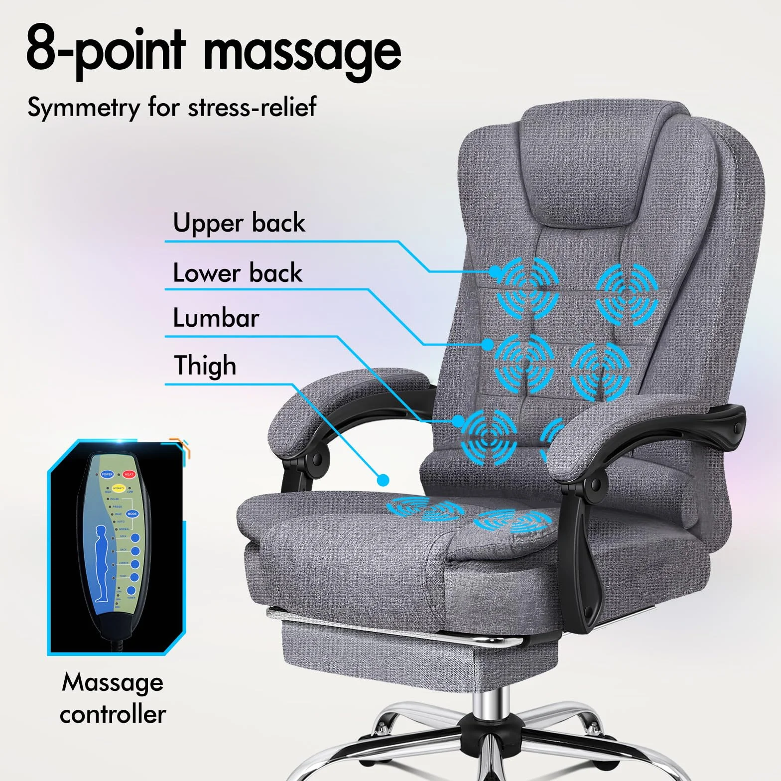ALFORDSON Ergonomiczne krzesło biurowe, z funkcją masażu ciepła, lniane krzesło komputerowe z wyściełanymi podłokietnikami i miękkim zagłówkiem, krzesło obrotowe z kółkami, szare